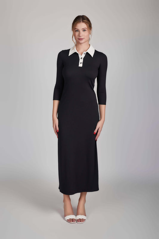 Contrast Collared Rib Dress - Black And White - Olivvi World
