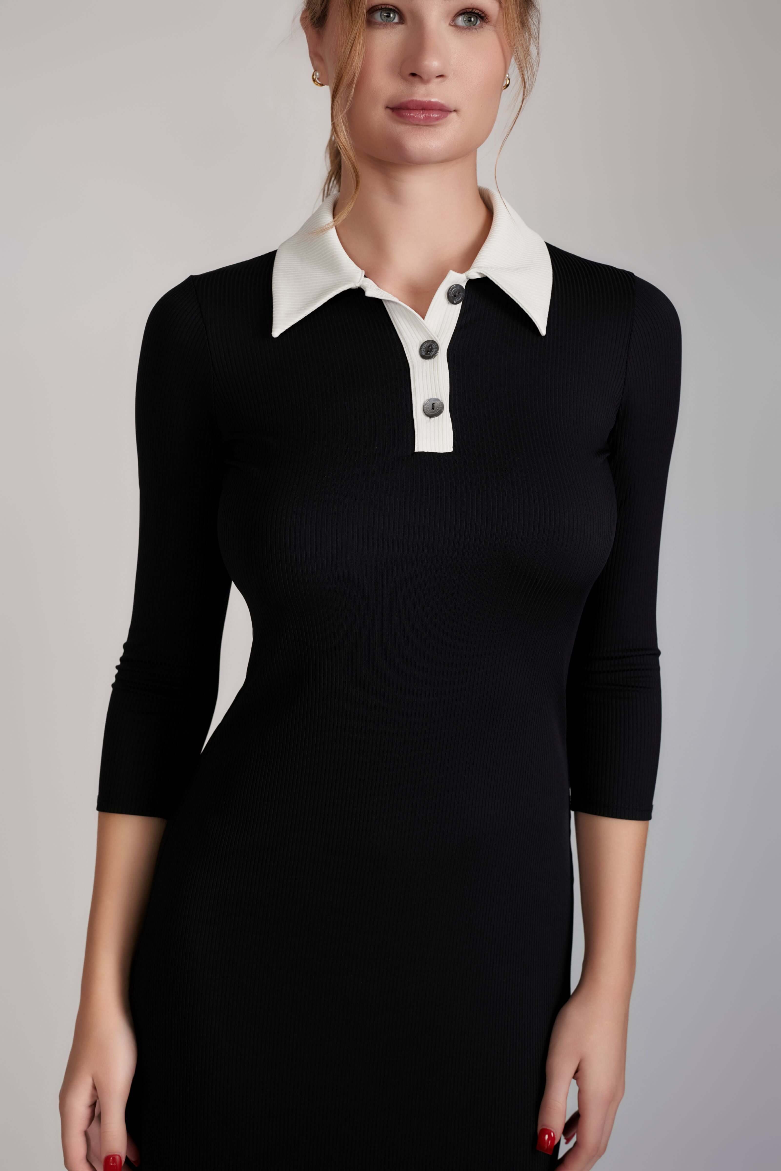 Contrast Collared Rib Dress - Black And White - Olivvi World