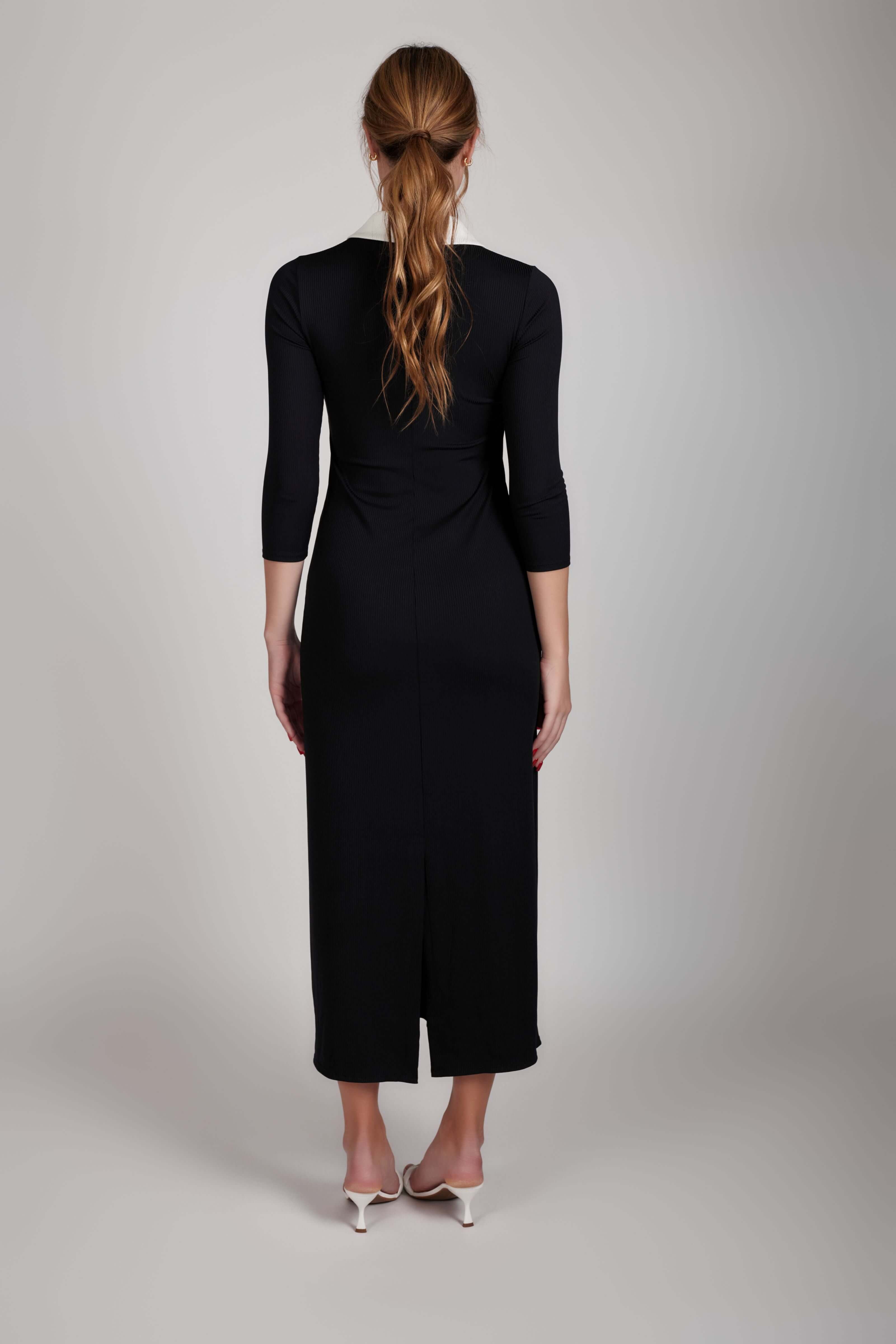 Contrast Collared Rib Dress - Black And White - Olivvi World