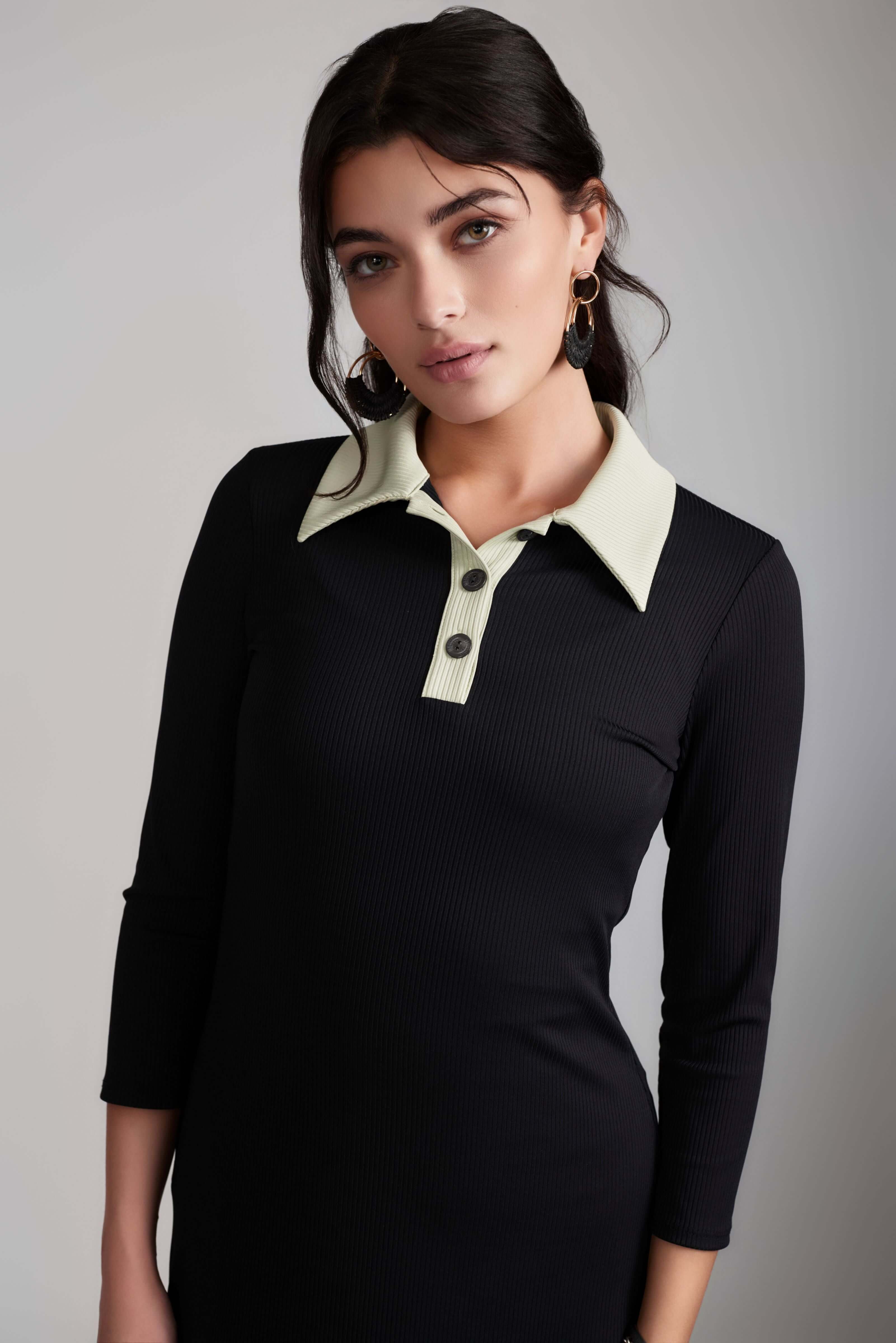 Contrast Collared Rib Dress - Mint And Black - Olivvi World
