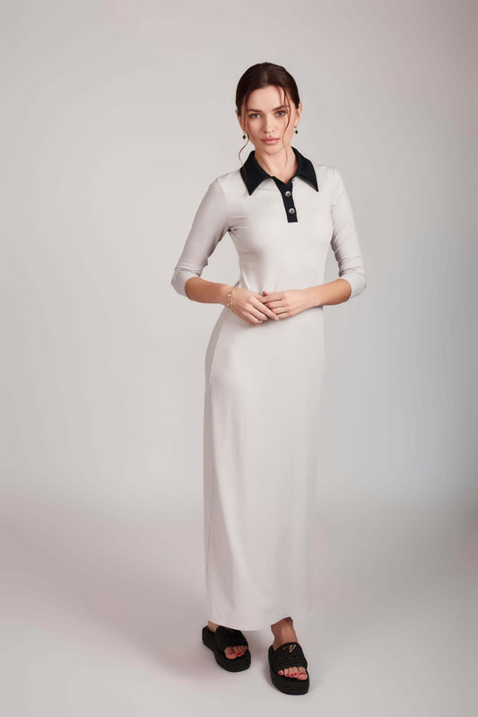 Contrast Collared Rib Dress - Taupe And Black - Olivvi World