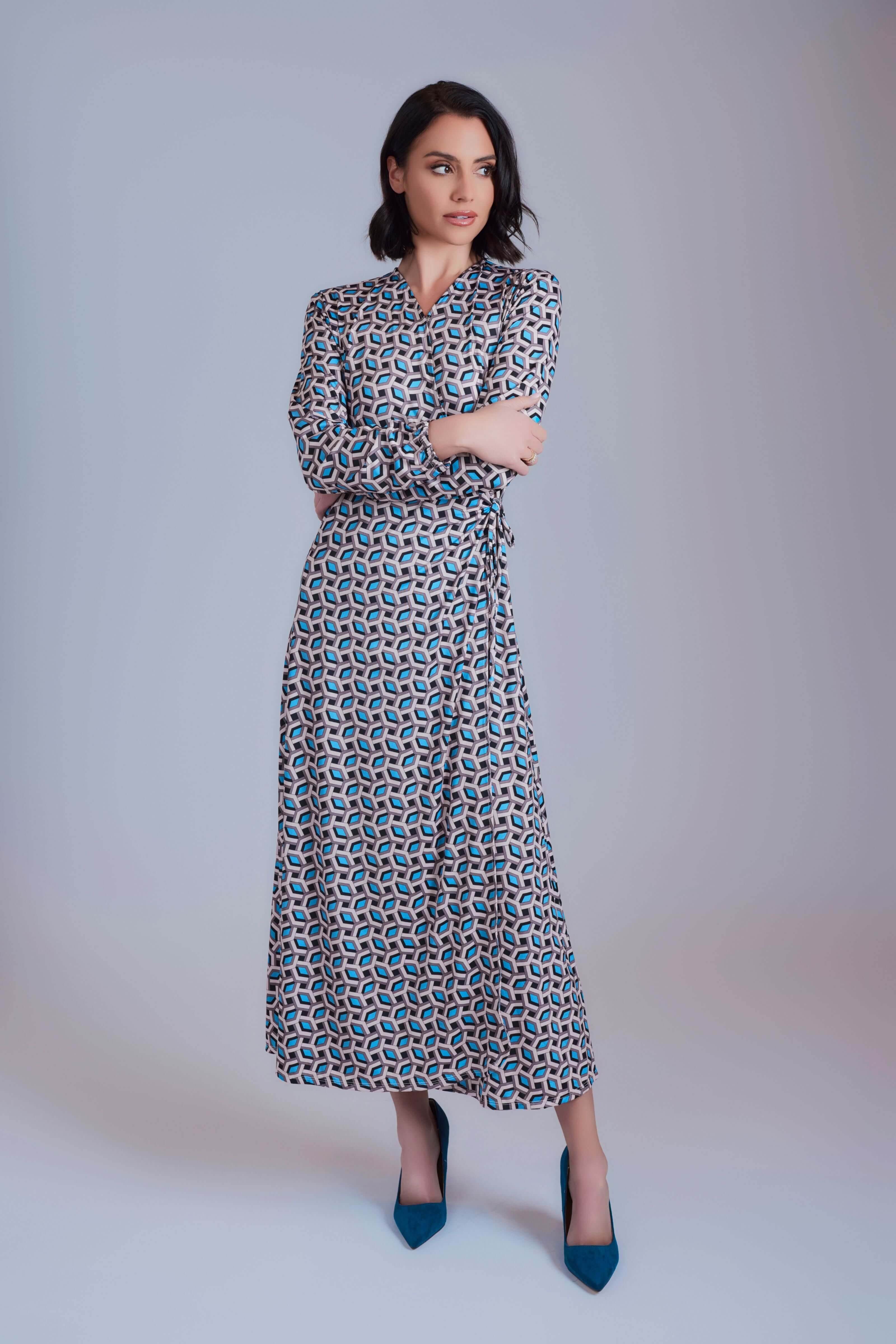 Side Tie Maxi Dress - Beige And Blue - Olivvi World