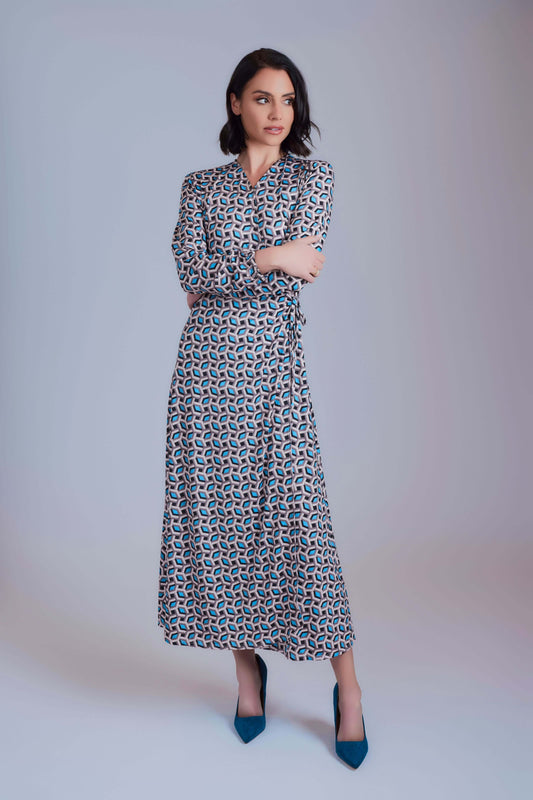 Side Tie Maxi Dress - Beige And Blue - Olivvi World