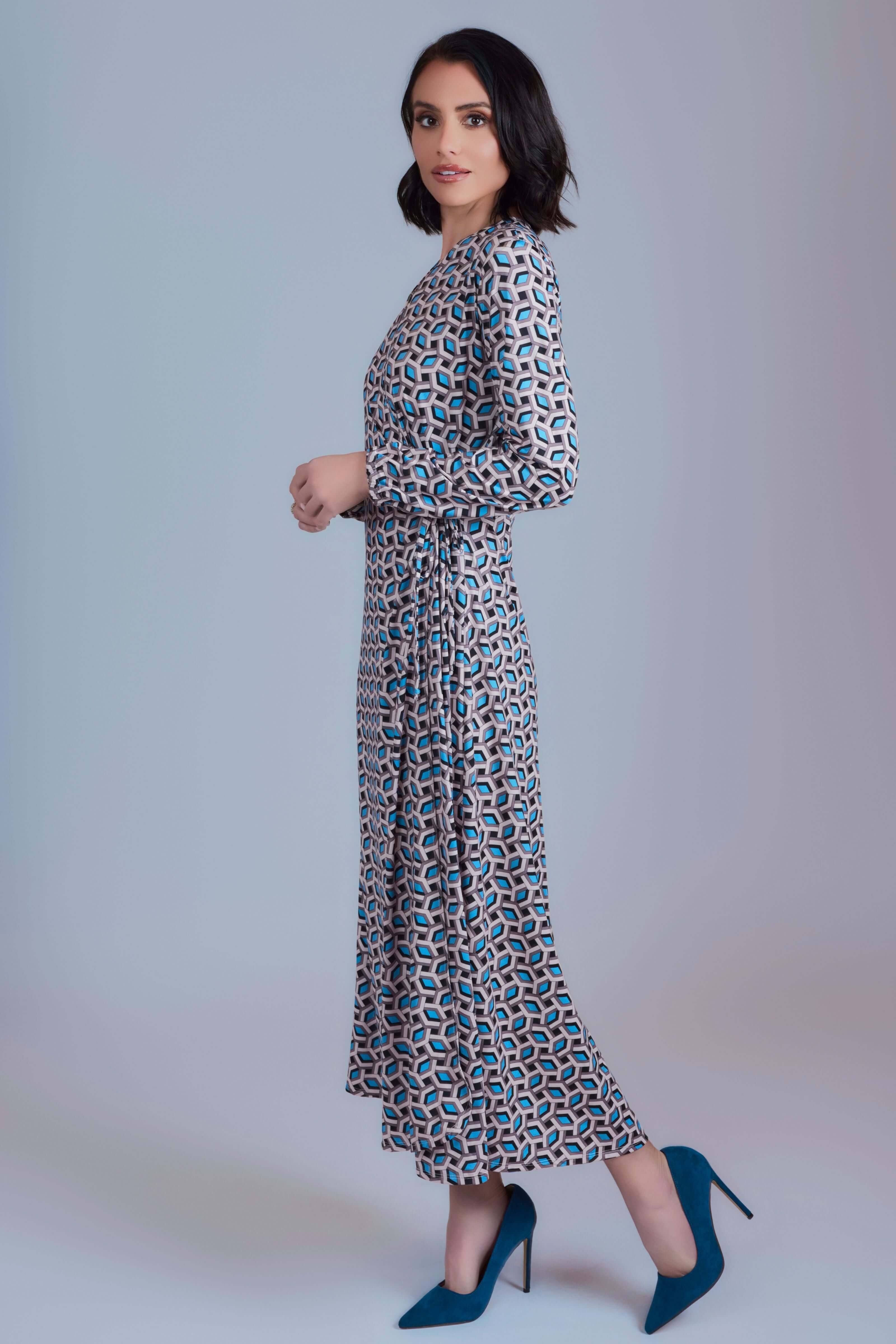 Side Tie Maxi Dress - Beige And Blue - Olivvi World