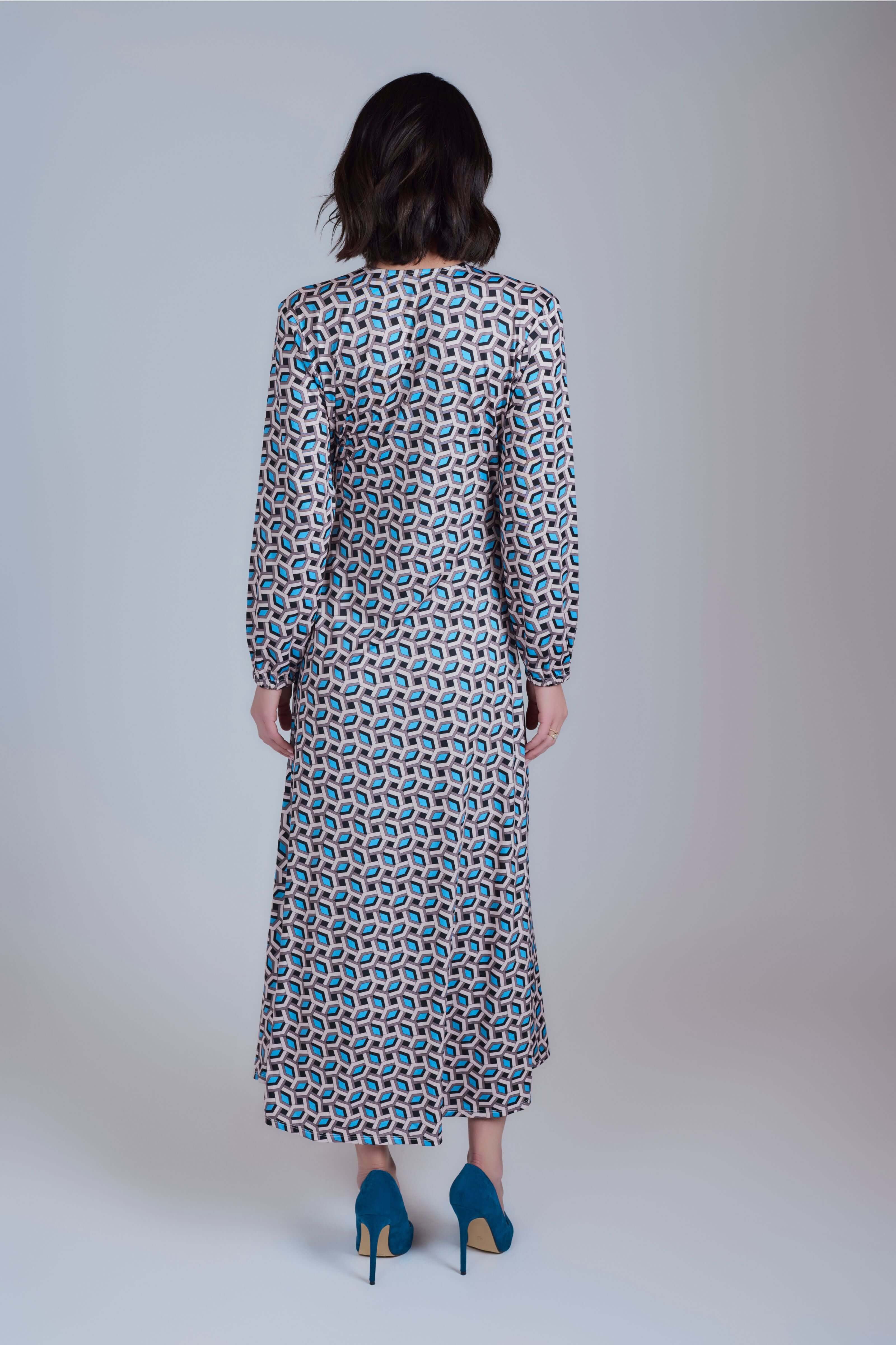 Side Tie Maxi Dress - Beige And Blue - Olivvi World