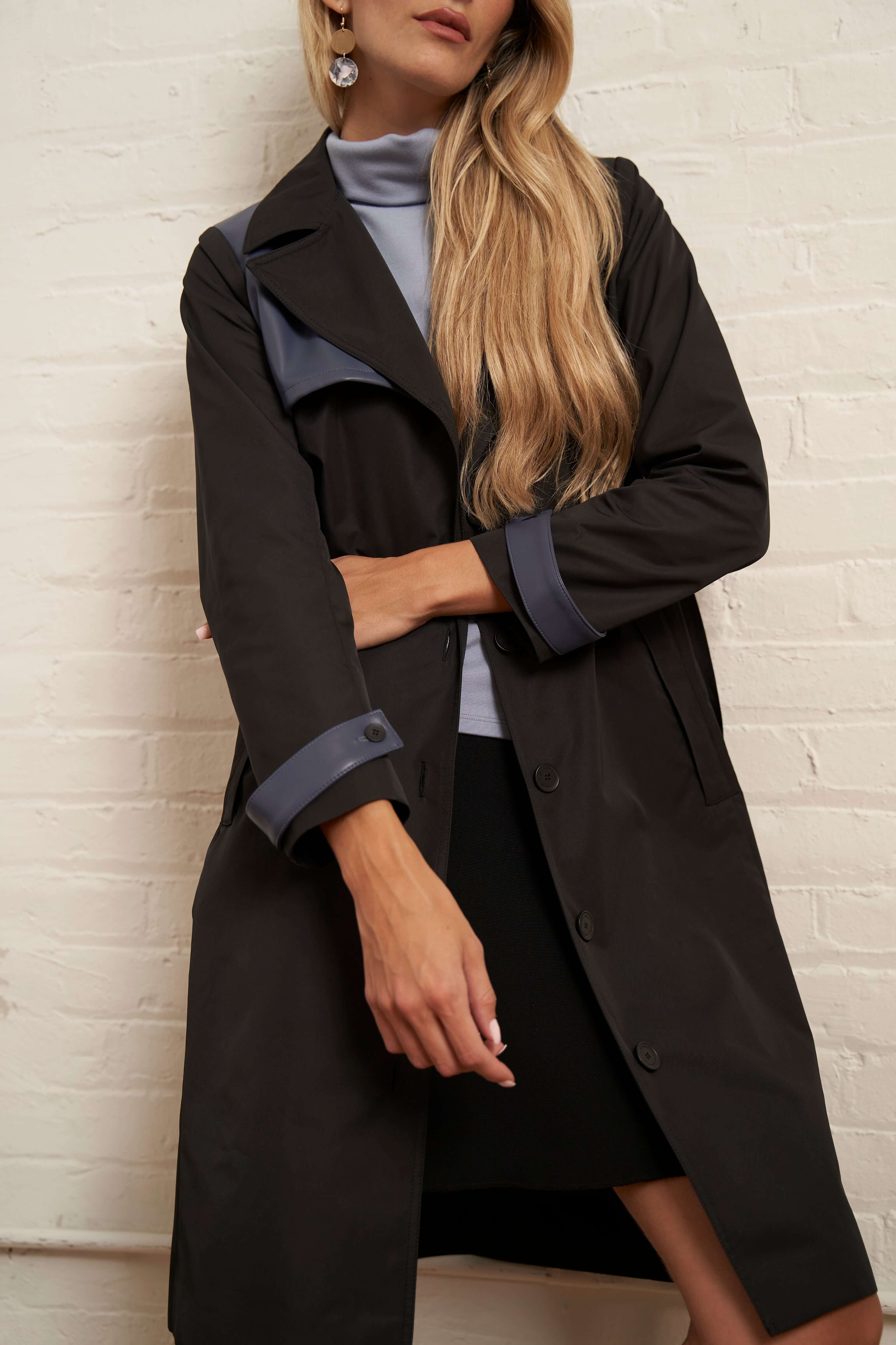 Vegan Leather Trench Coat - Black and Blue - Olivvi World