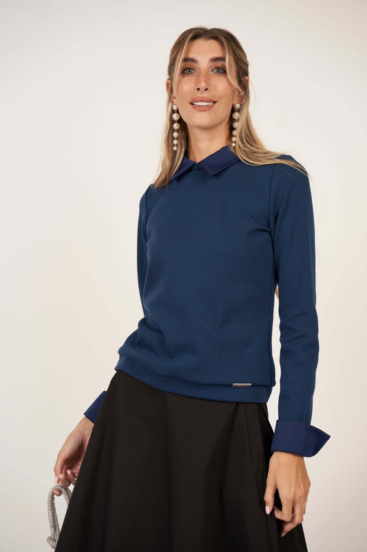 Satin Collar Top - Blue and Blue - Olivvi World