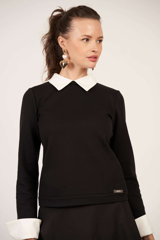 Satin Collar Top - Black and White - Olivvi World