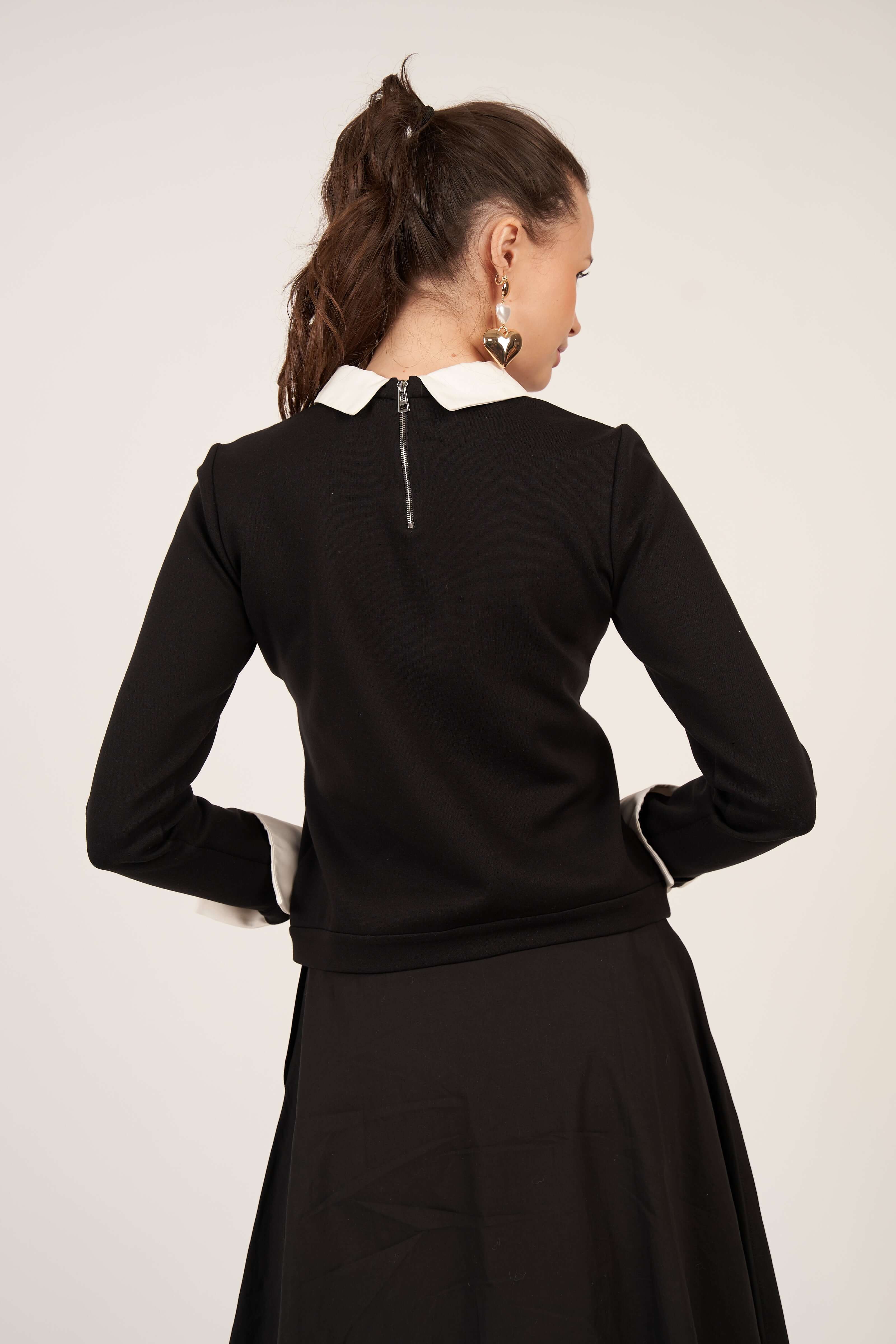 Satin Collar Top - Black and White - Olivvi World