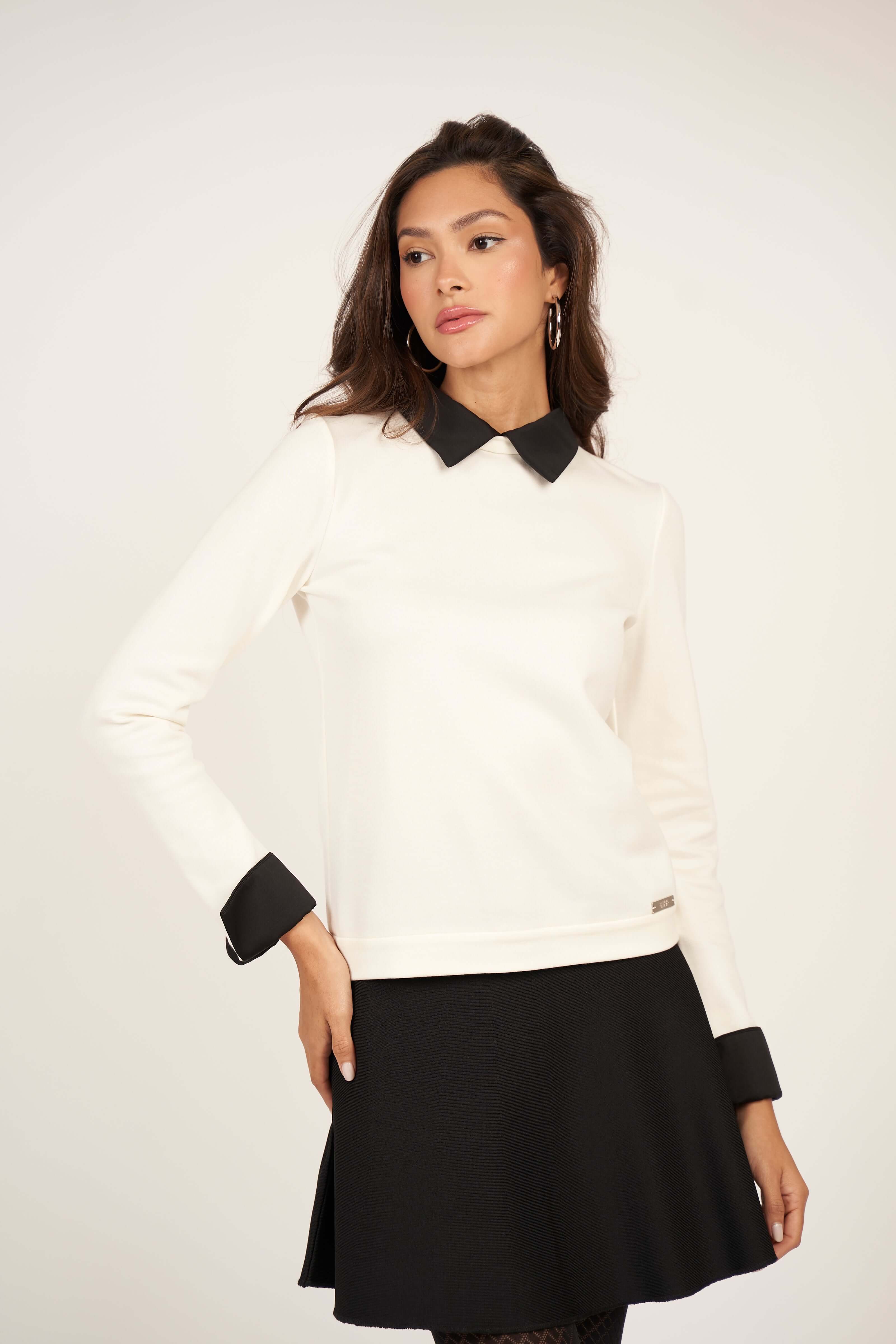 Satin Collar Top - White and Black - Olivvi World