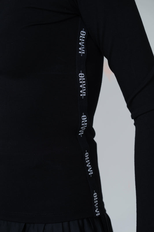 Fitted Long Crewneck Top - Black with Black and White Trim - Olivvi World