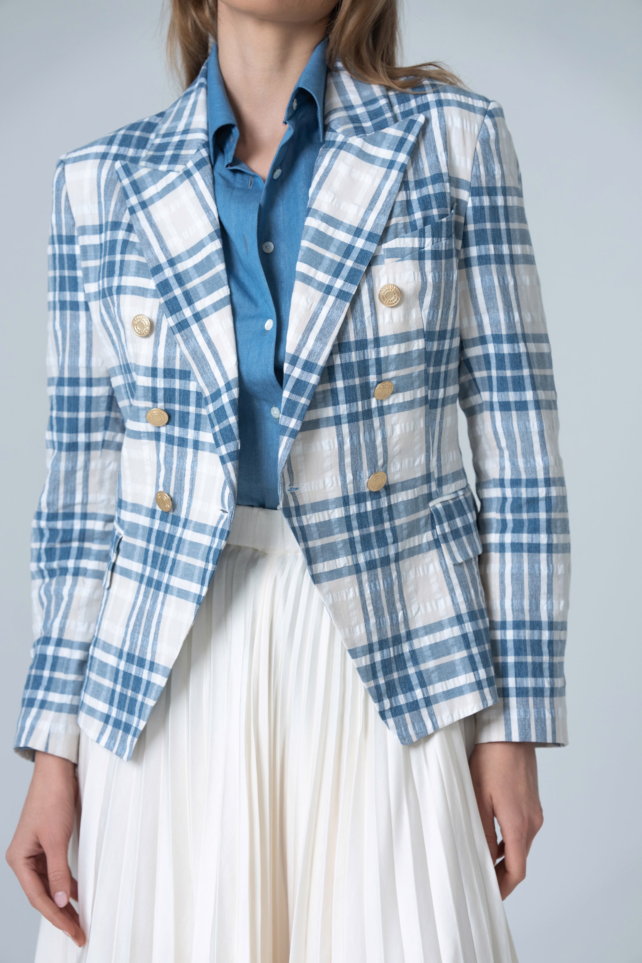 Fitted Plaid Blazer Jacket - Cream and Blue Plaid - Olivvi World