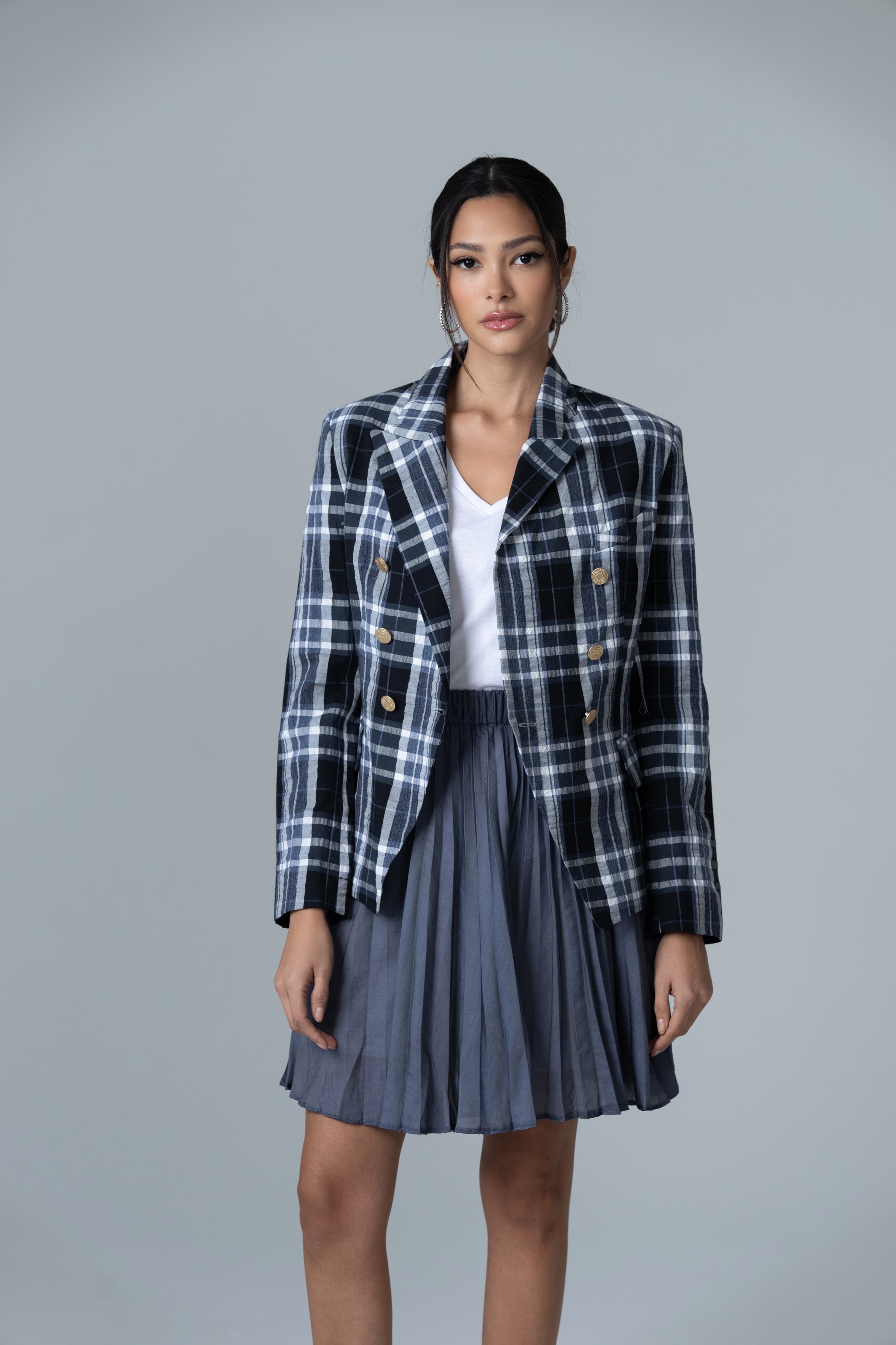 Fitted Plaid Blazer Jacket - Navy Plaid - Olivvi World