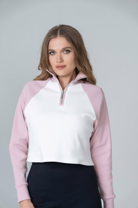 Ribbed Cropped Zipper Pullover Sweater - Cream and Pink - Olivvi World