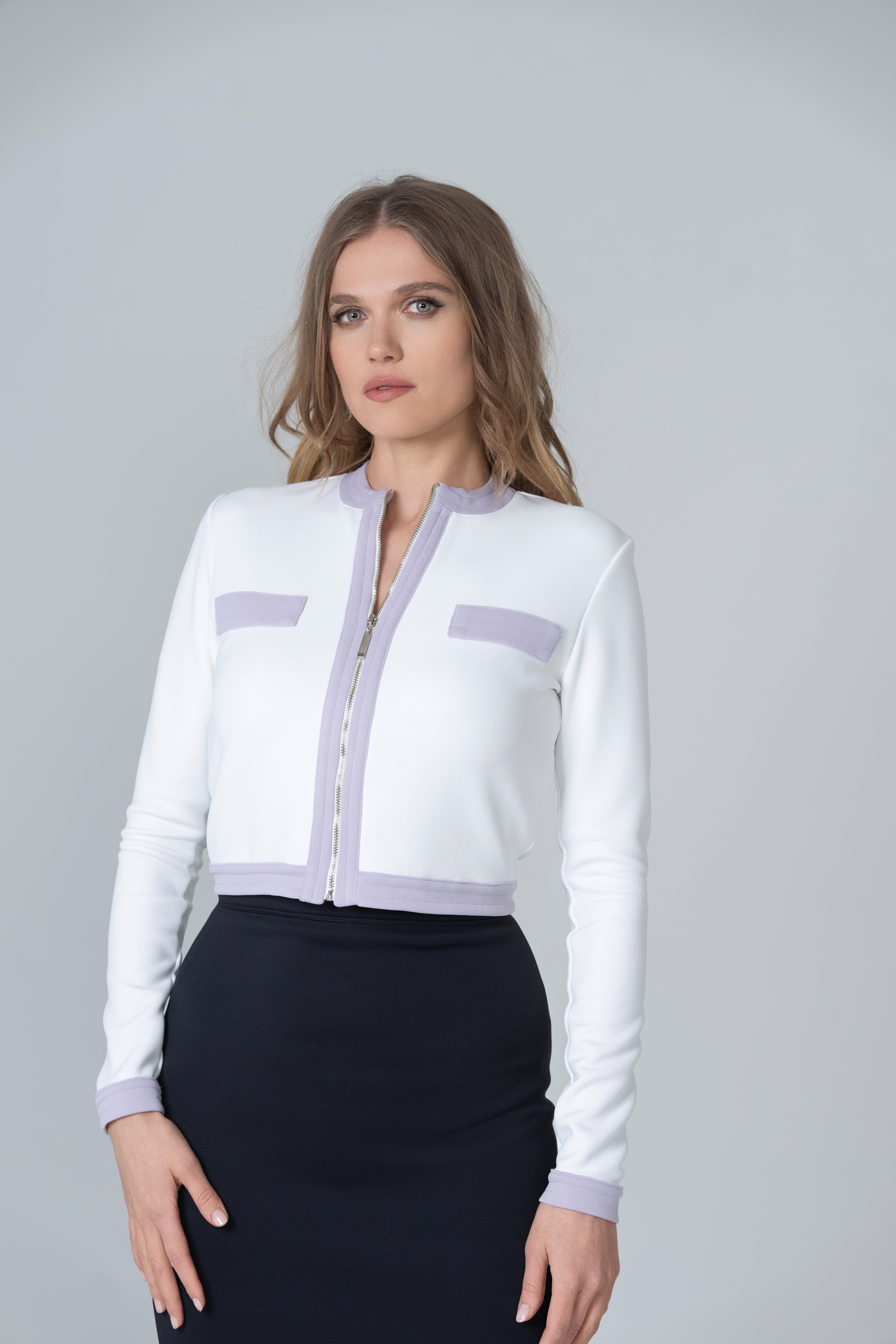 Cropped Bolero Zipper Jacket - White and Lilac - Olivvi World
