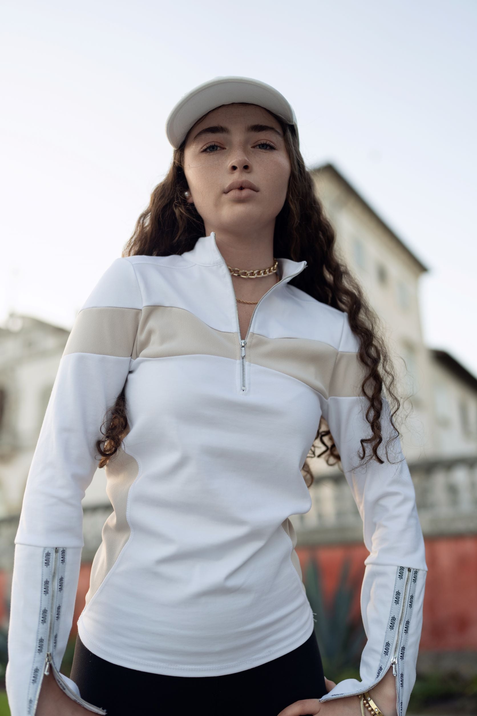Fitted Serena Long Zipper Top - White and Cream - Olivvi World