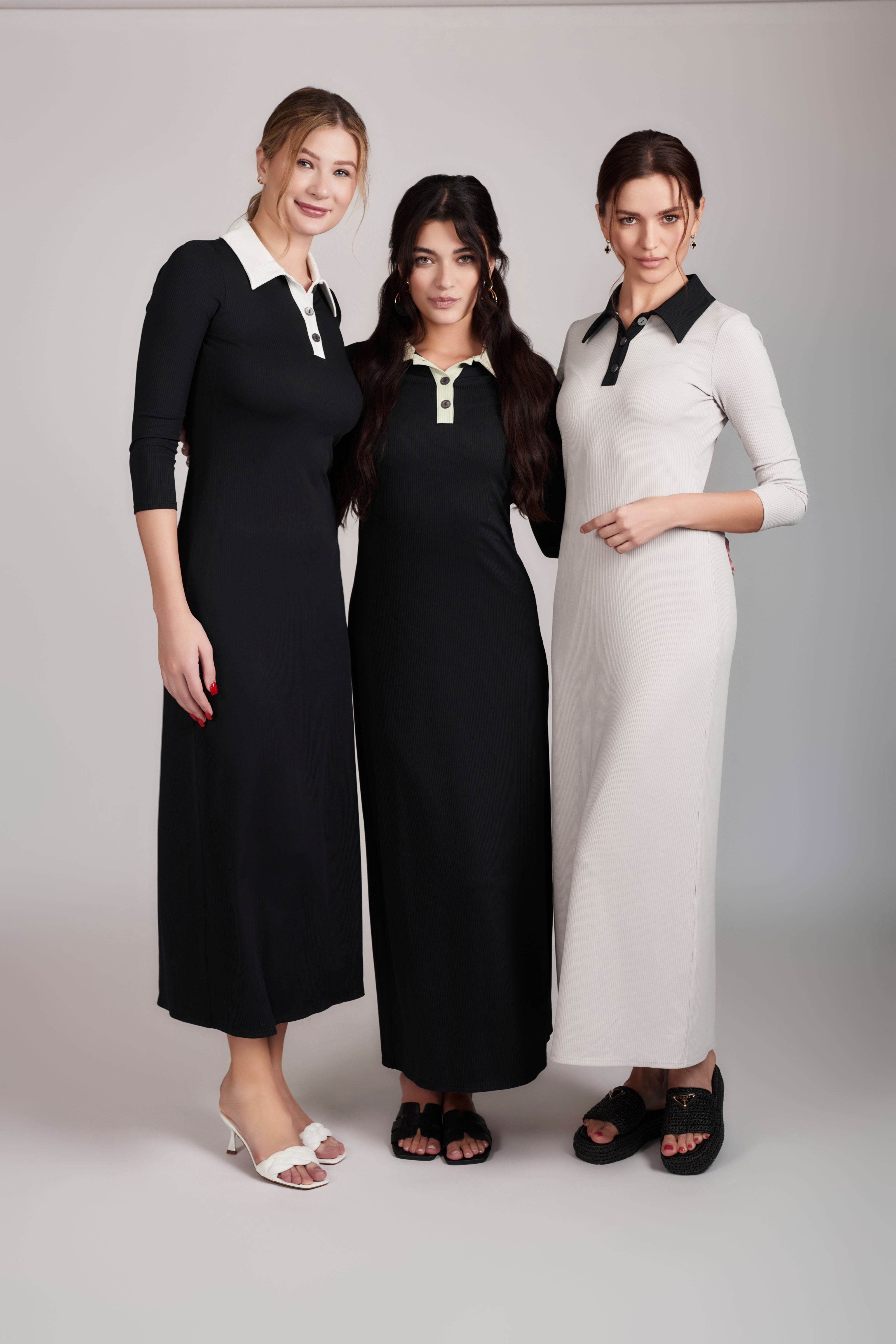 Contrast Collared Rib Dress - Black And White - Olivvi World