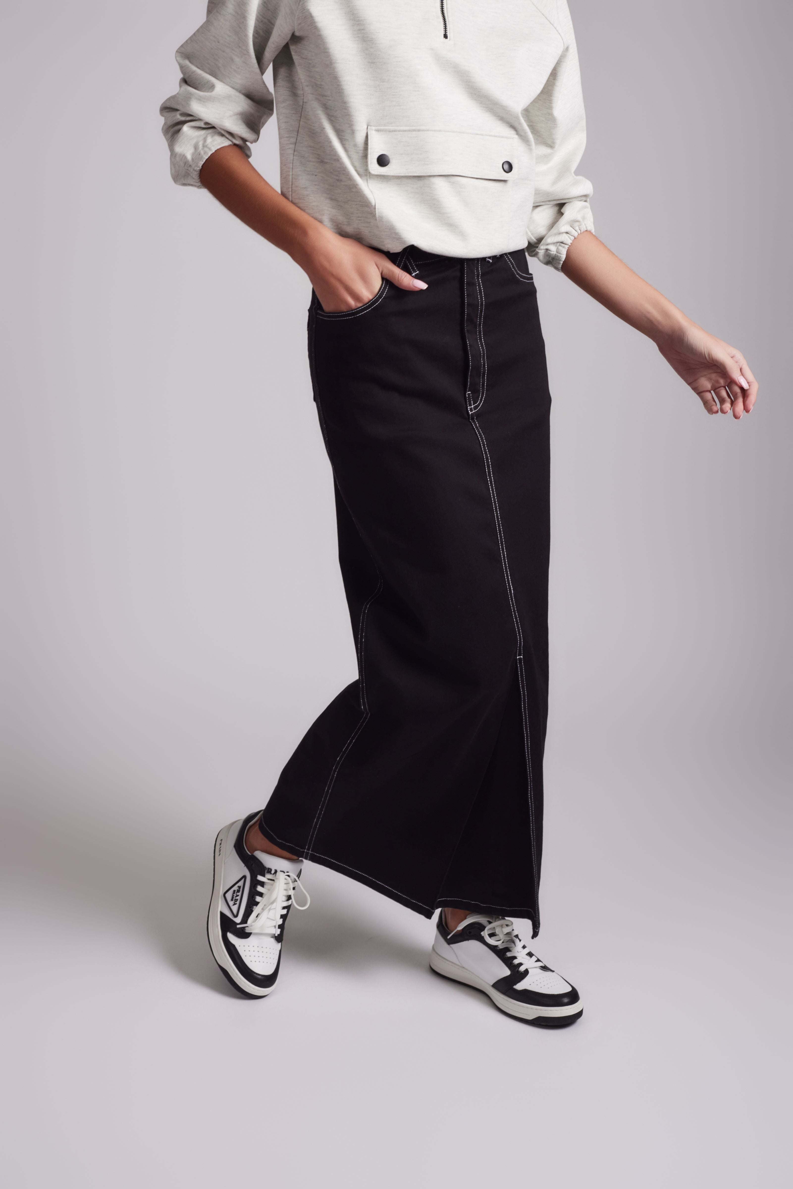 Contrast Stitch Denim Skirt - Black - Olivvi World