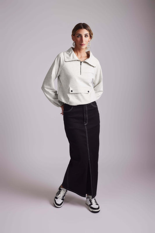 Contrast Stitch Denim Skirt - Black - Olivvi World
