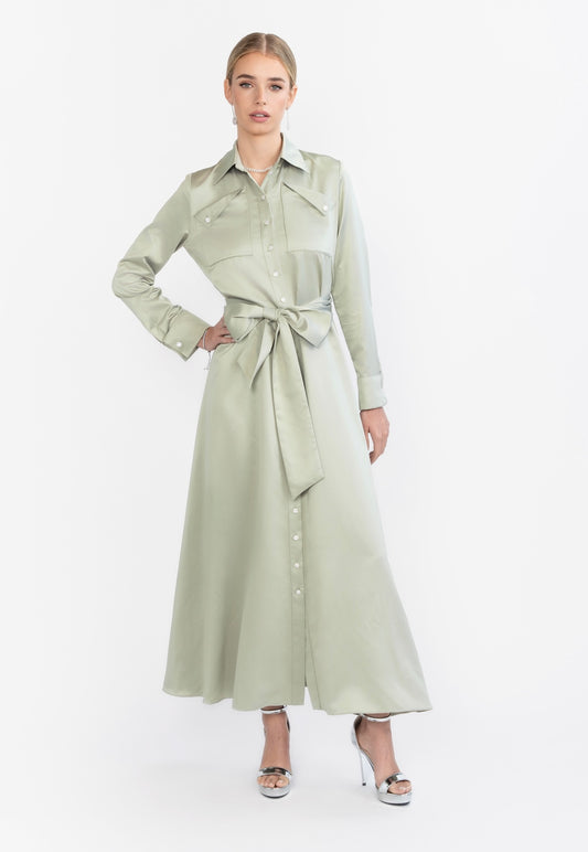 SATIN BELTED MAXI DRESS