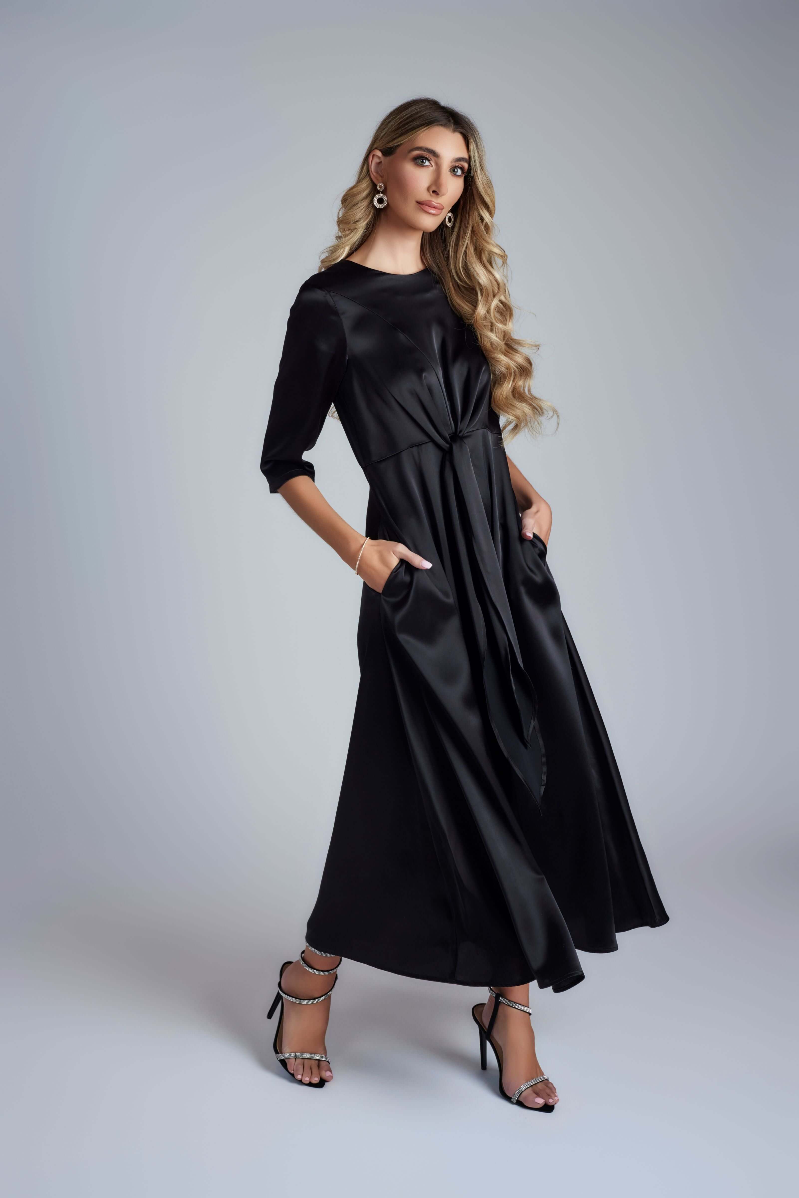 Satin Tie Front Maxi Dress - Black - Olivvi World