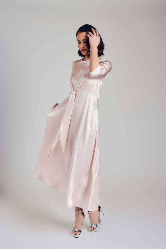 Satin Tie Front Maxi Dress - Ice Pink - Olivvi World