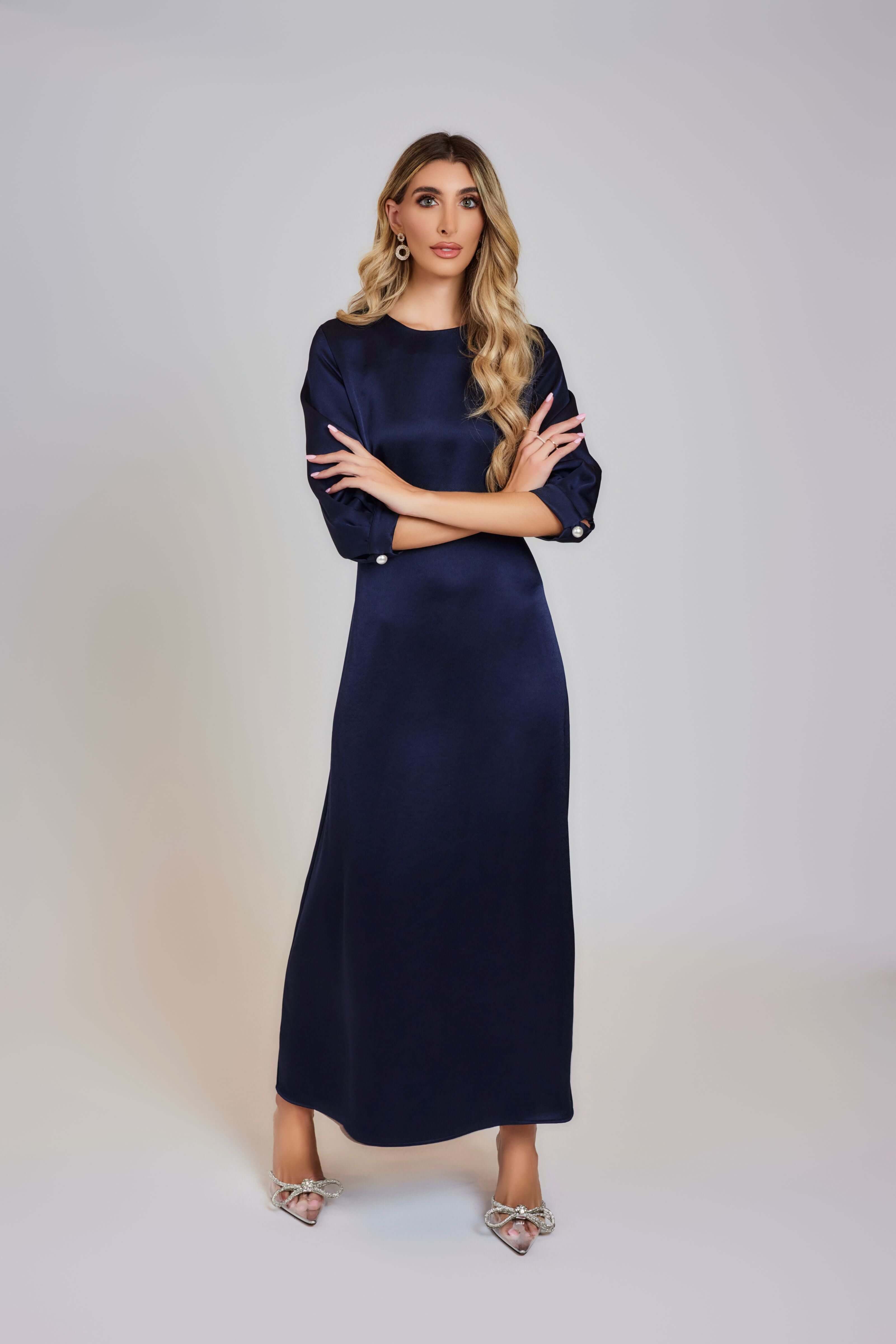 Kate Satin Evening Dress - Navy - Olivvi World