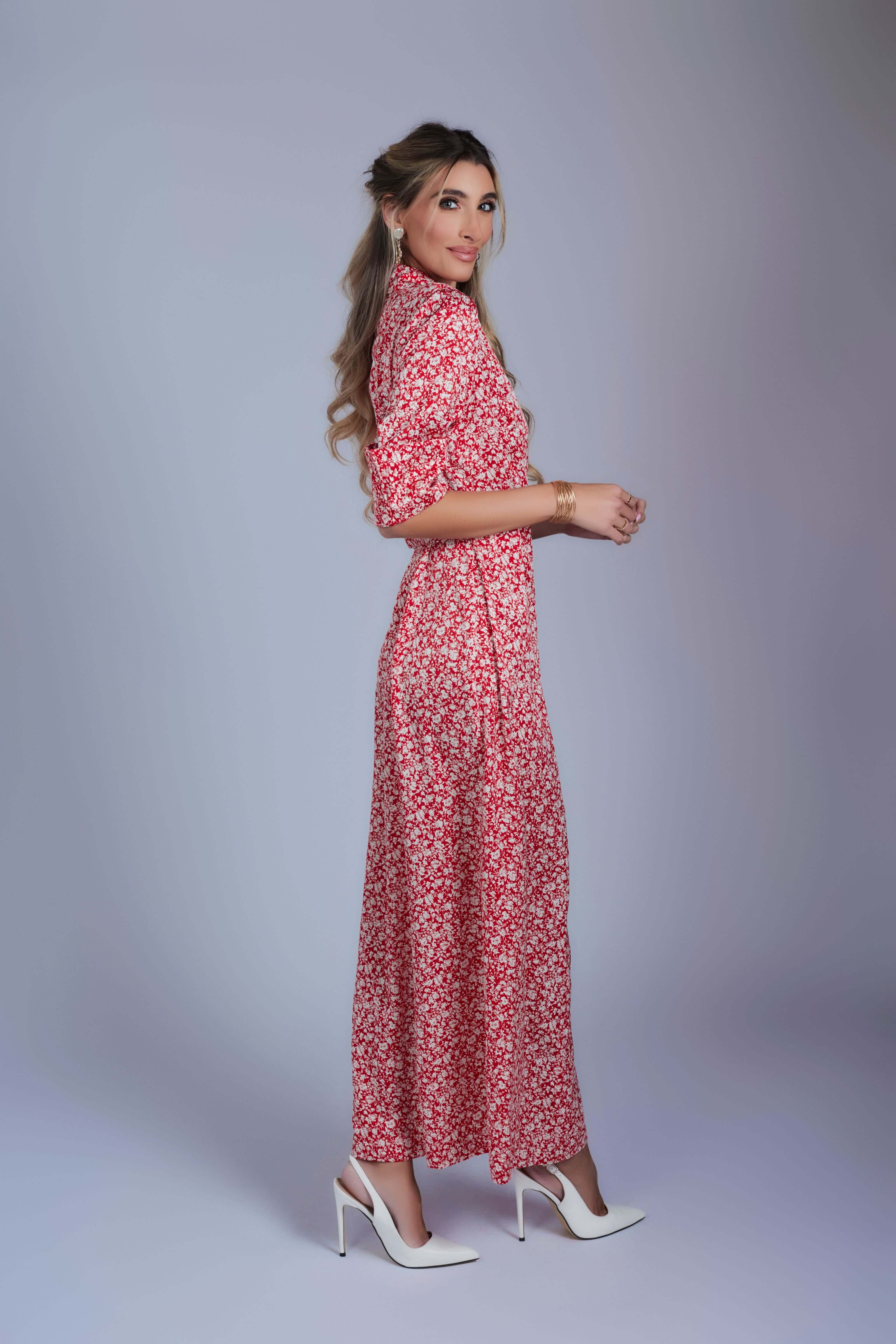 Floral Maxi Wrap Dress - Red and Cream - Olivvi World