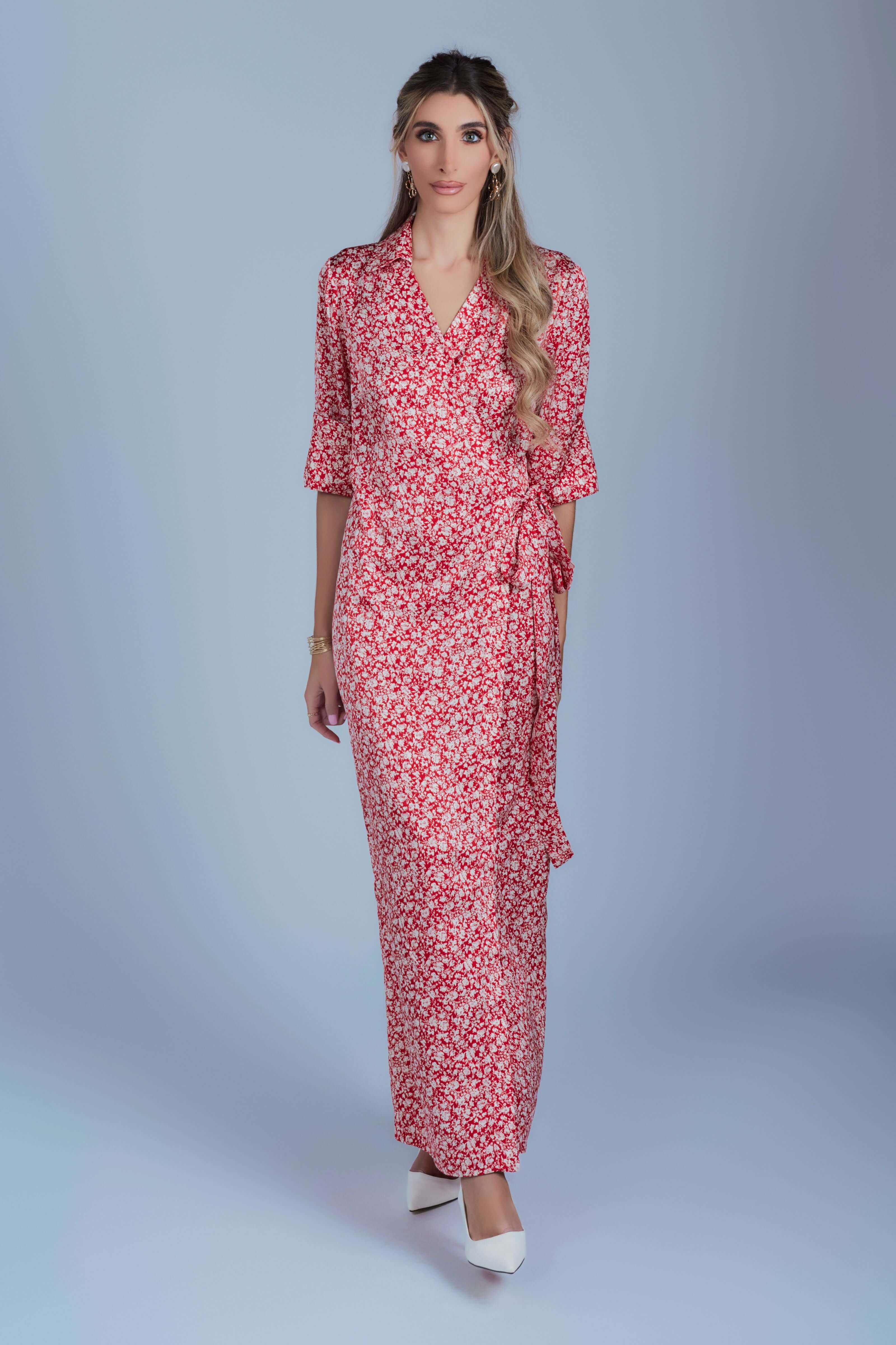 Floral Maxi Wrap Dress - Red and Cream - Olivvi World