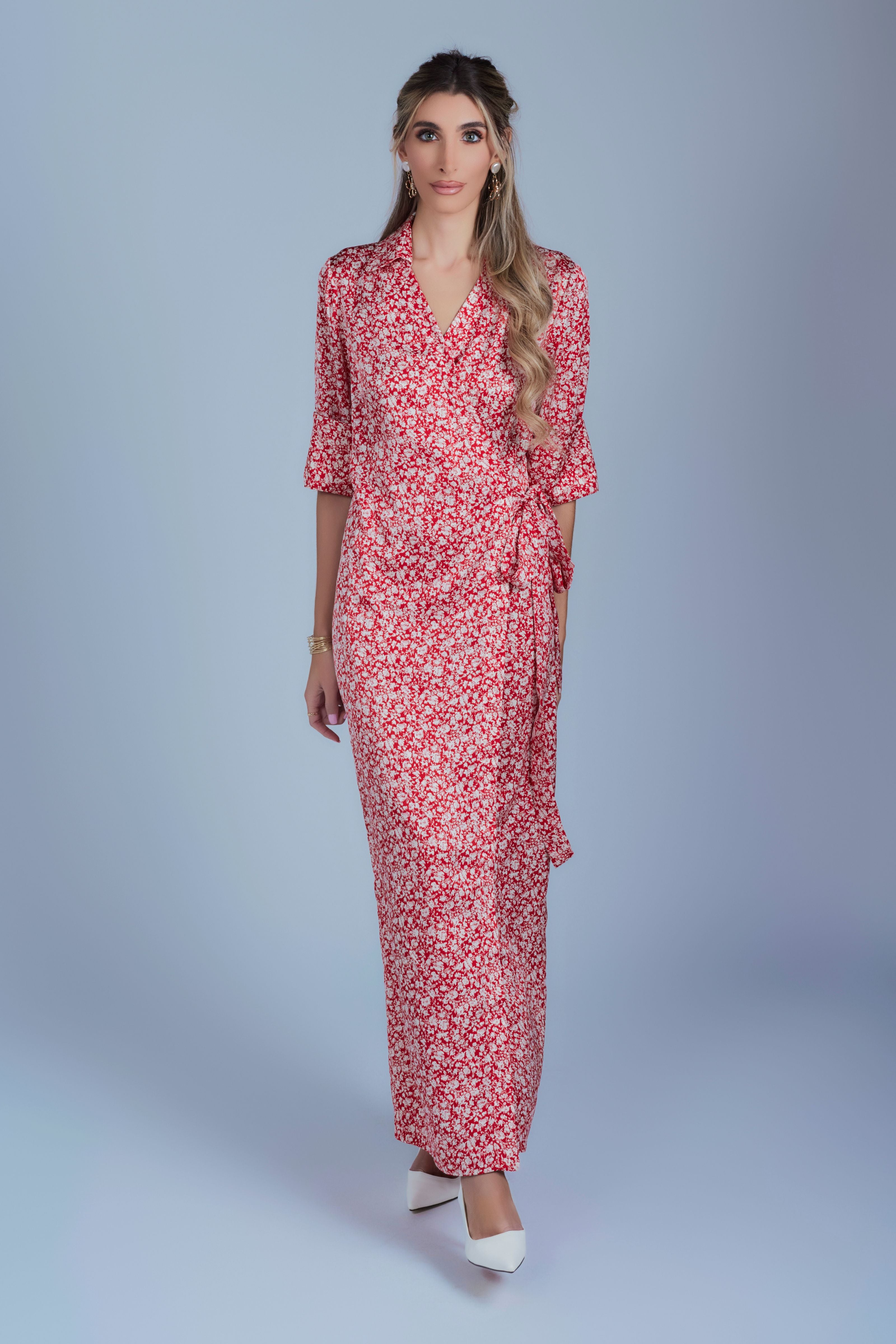 Floral Maxi Wrap Dress - Red and Cream - Olivvi World