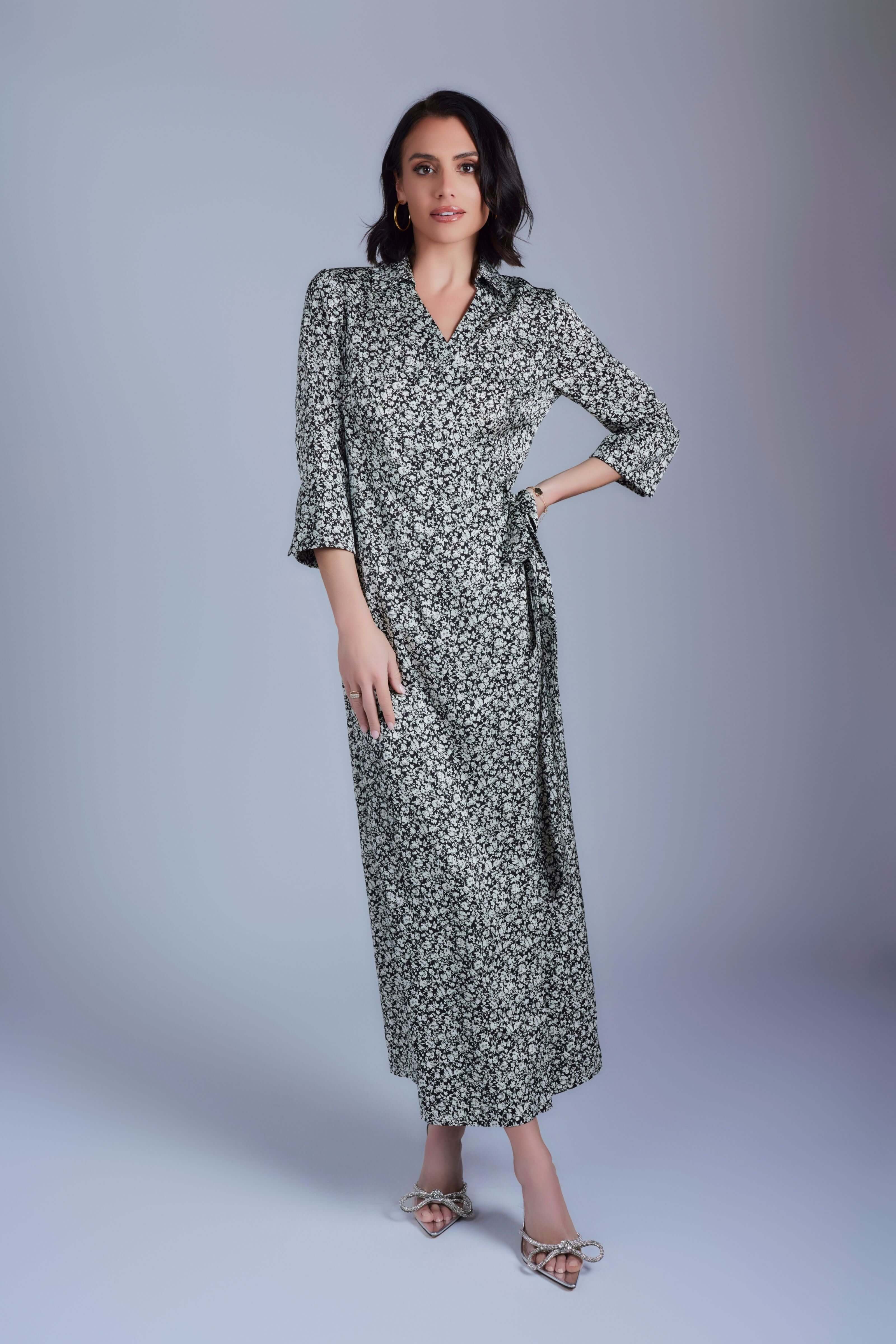 Floral Maxi Wrap Dress - Black and Cream - Olivvi World