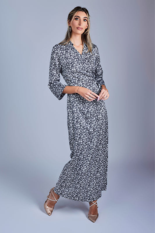 Floral Maxi Wrap Dress - Navy and white - Olivvi World