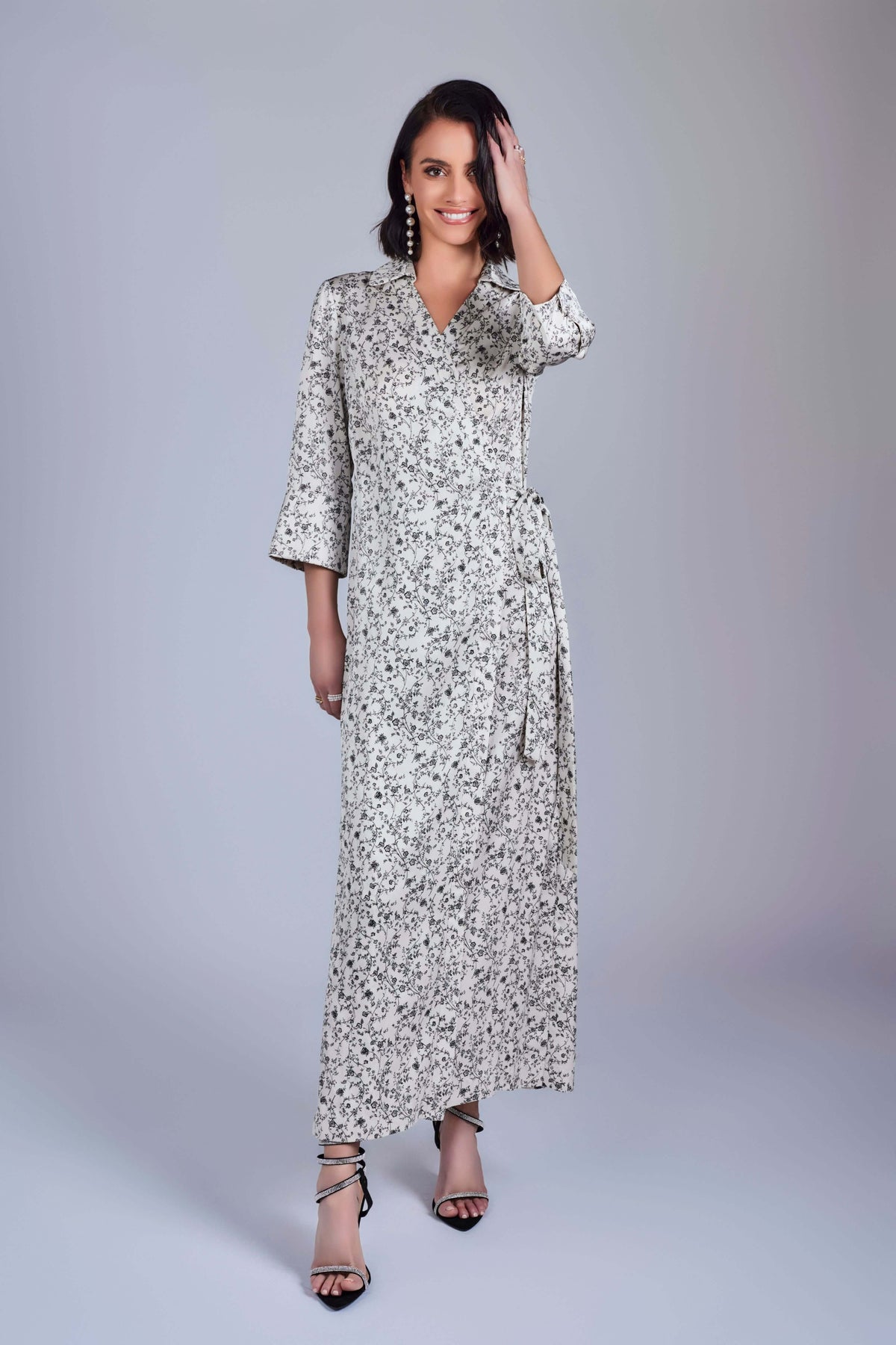 Floral Maxi Wrap Dress - Ivory and Black - Olivvi World