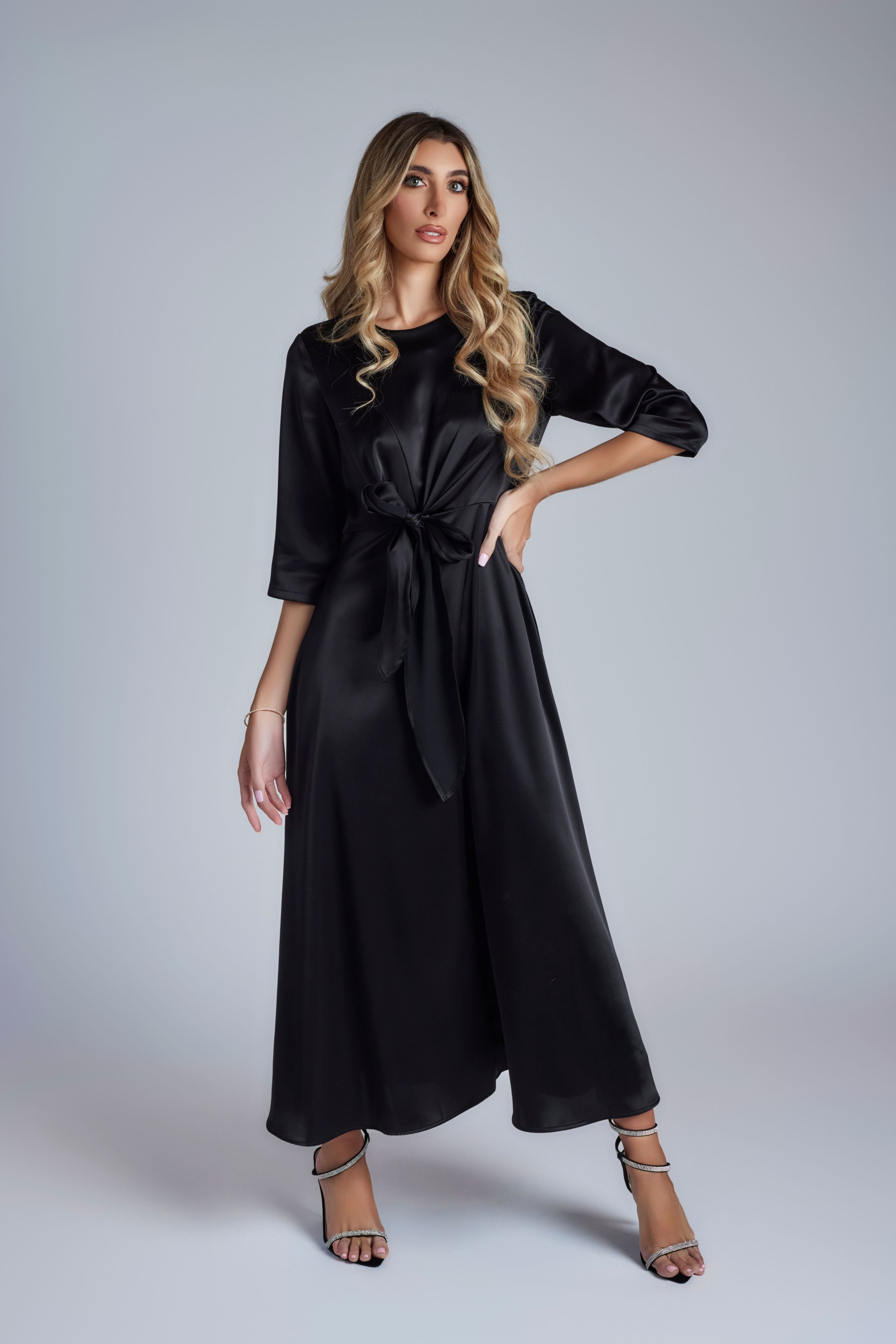 Satin Tie Front Maxi Dress - Black - Olivvi World