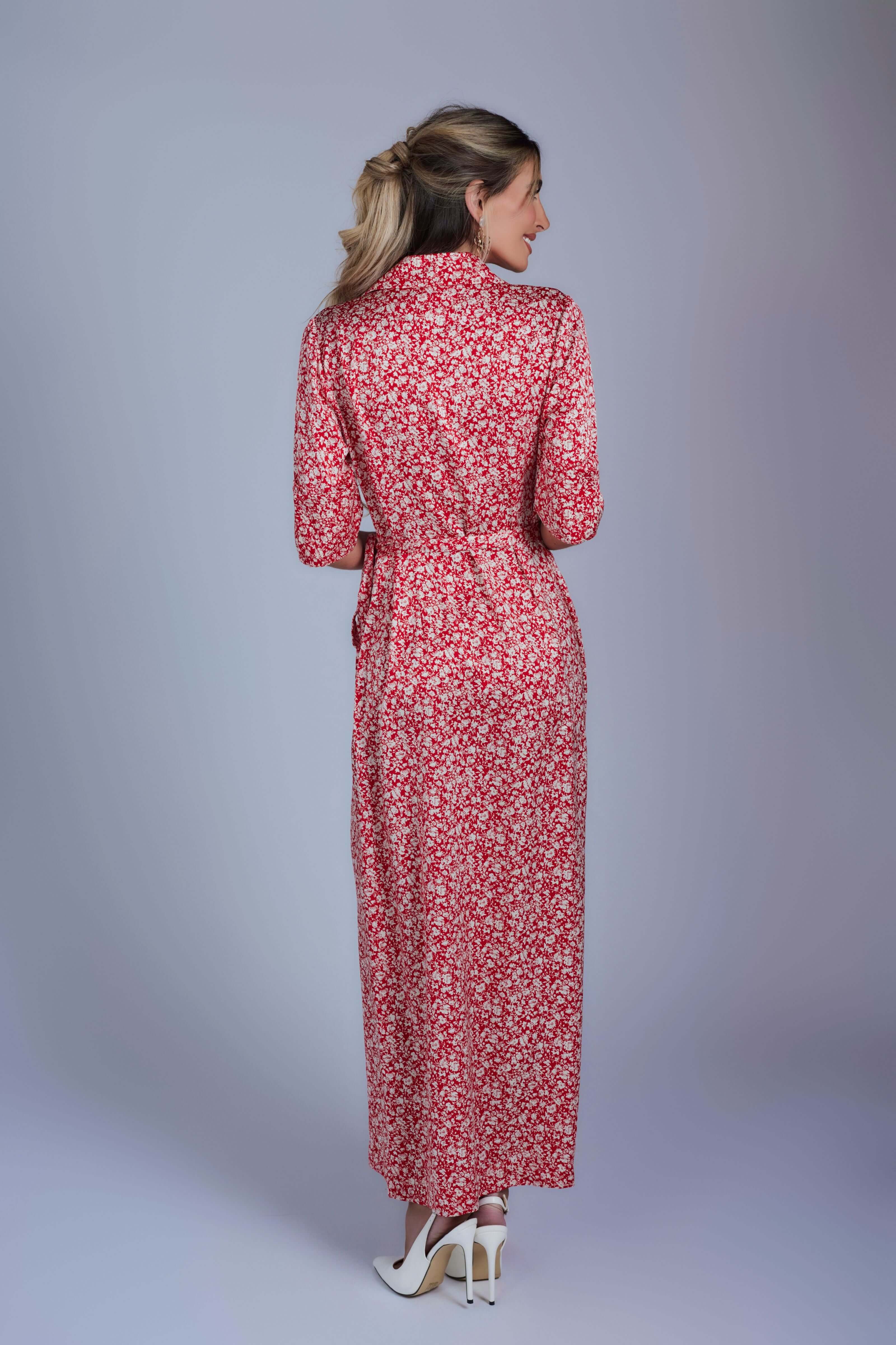 Floral Maxi Wrap Dress - Red and Cream - Olivvi World