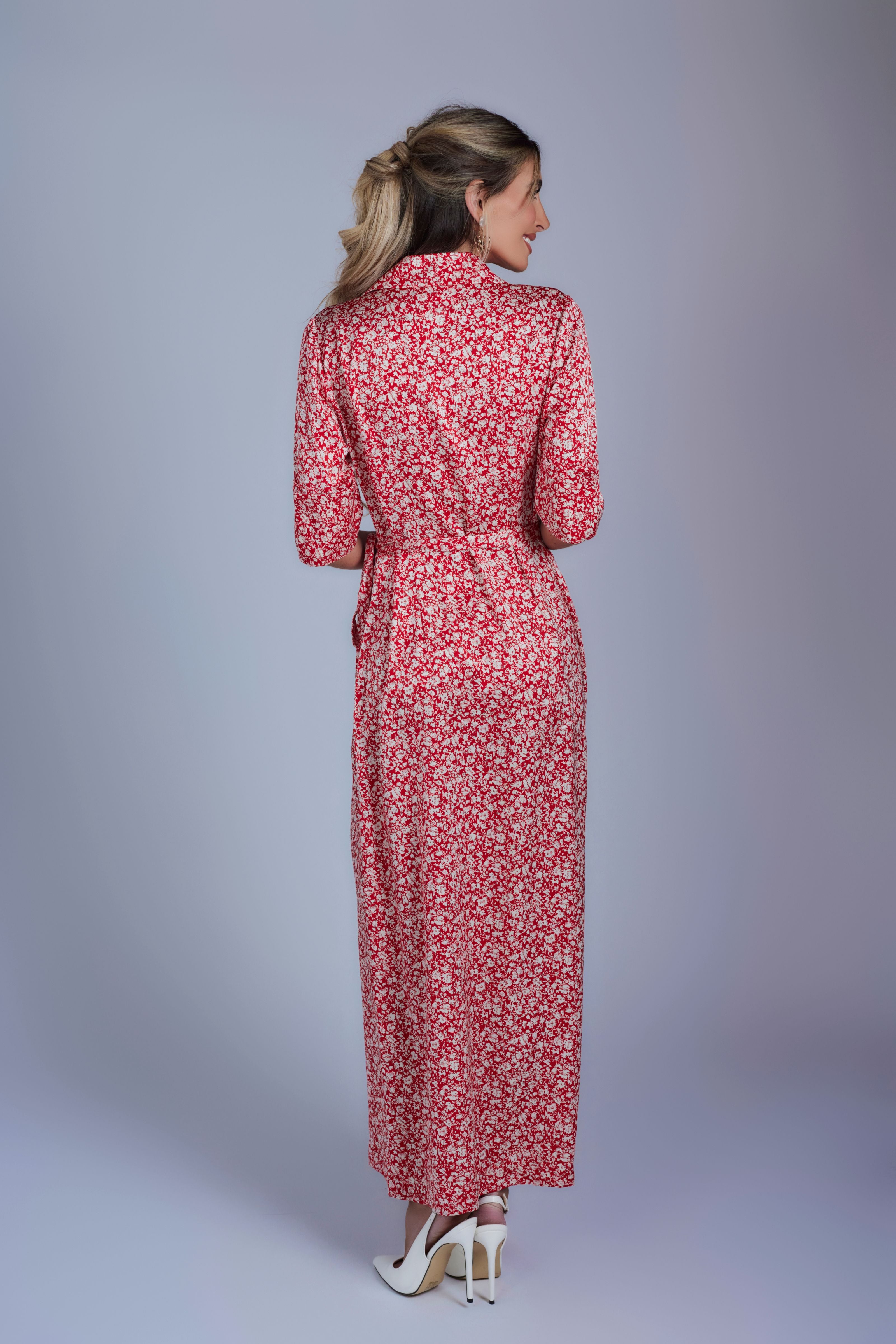 Floral Maxi Wrap Dress - Red and Cream - Olivvi World