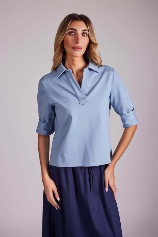 Valerie V-Neck Collar Top - Light Denim - Olivvi World