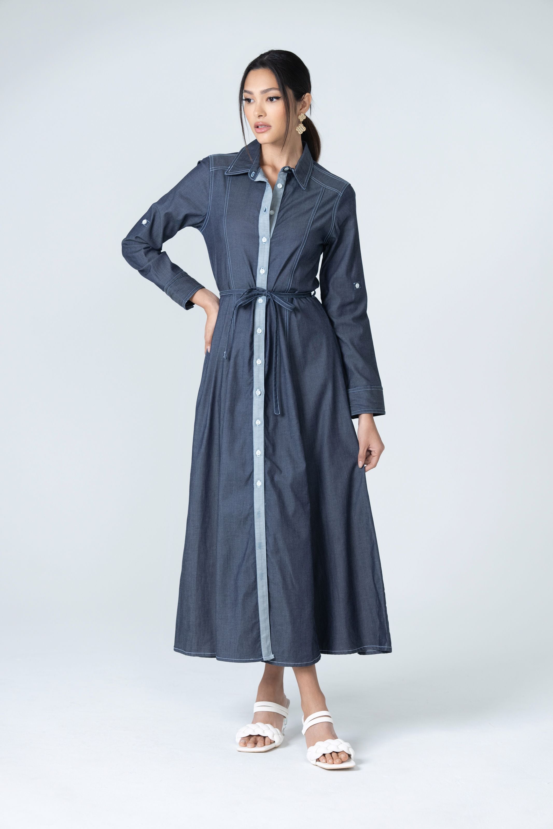 Denim Button Maxi Dress - Denim - Olivvi World