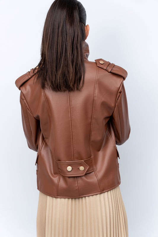 York Vegan Leather Button Jacket - Brown - Olivvi World