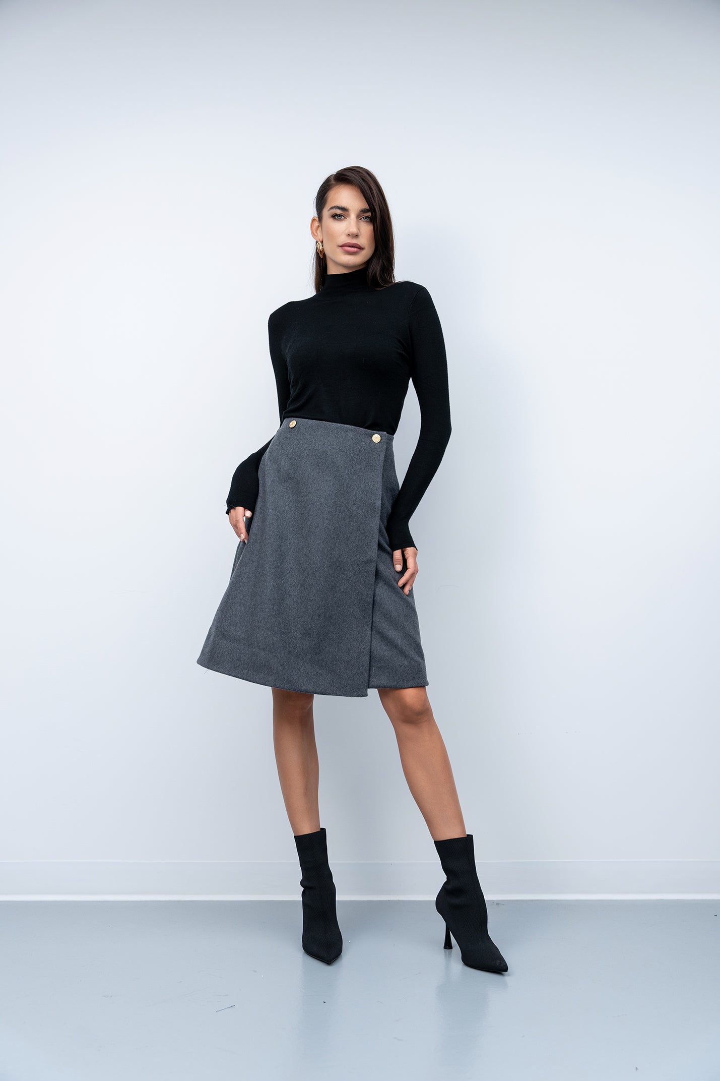 Wool Button Midi Skirt - Stormy Grey - Olivvi World