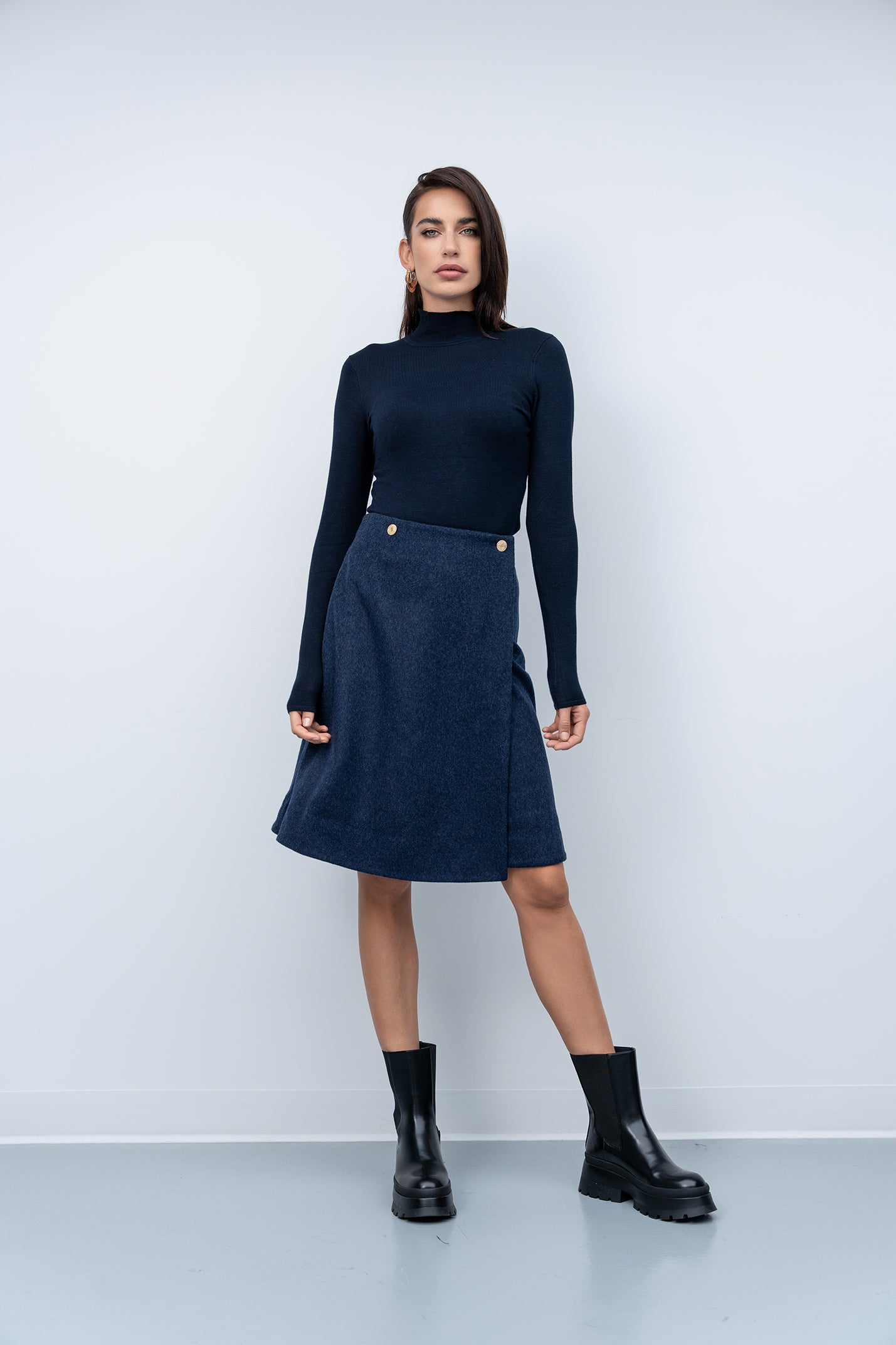 Wool Button Midi Skirt - Ocean Blue - Olivvi World