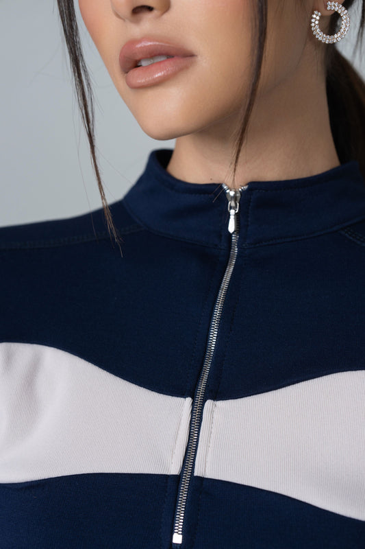 Fitted Serena Long Zipper Top - Navy and Cream - Olivvi World