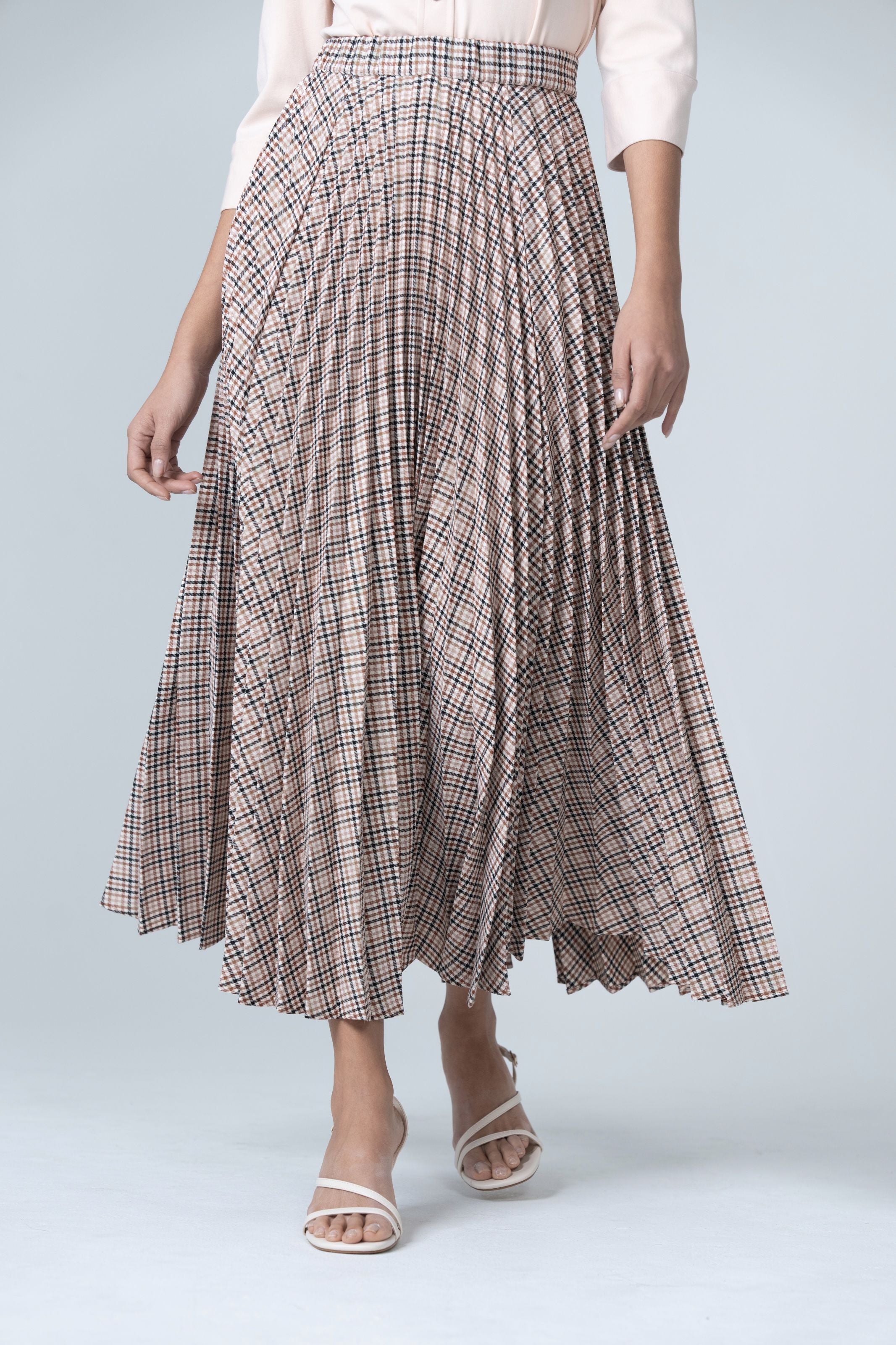 Pleated Maxi Skirt - Brown and Beige Plaid - Olivvi World