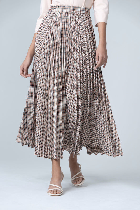 Pleated Maxi Skirt - Brown and Beige Plaid - Olivvi World