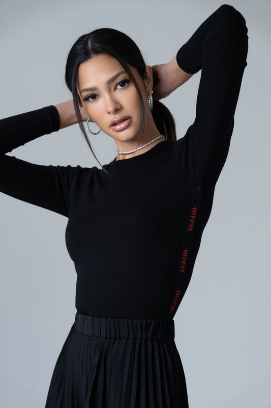 Fitted Long Crewneck Top - Black with Black and Red Trim - Olivvi World