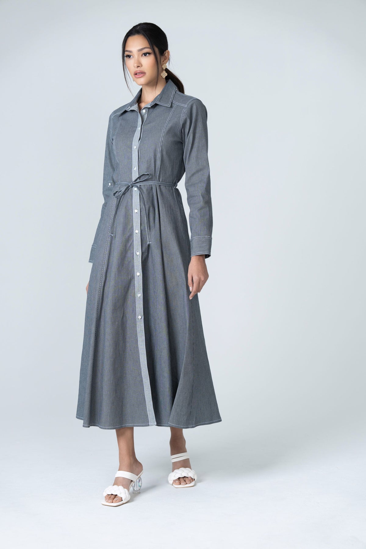 Denim Button Maxi Dress - Grey - Olivvi World