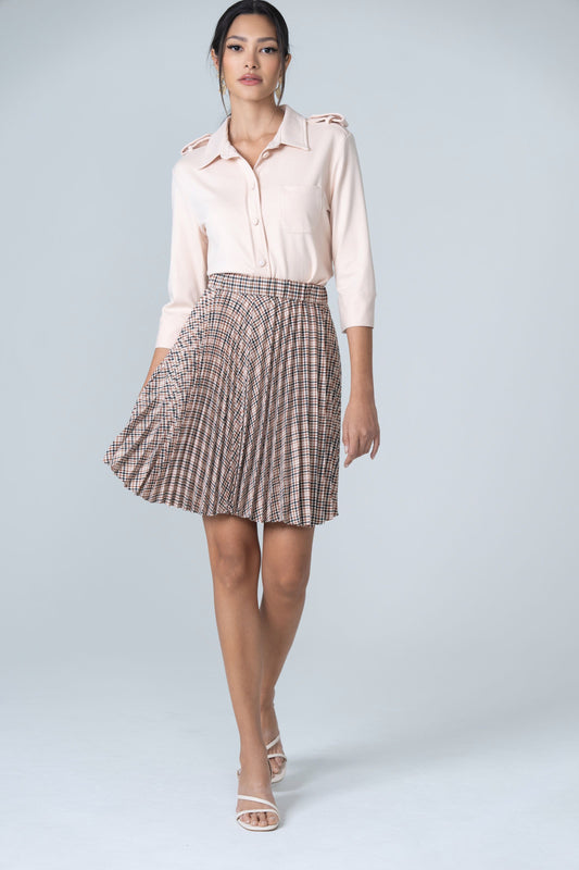 Pleated Short Skirt - Brown and Beige Plaid - Olivvi World