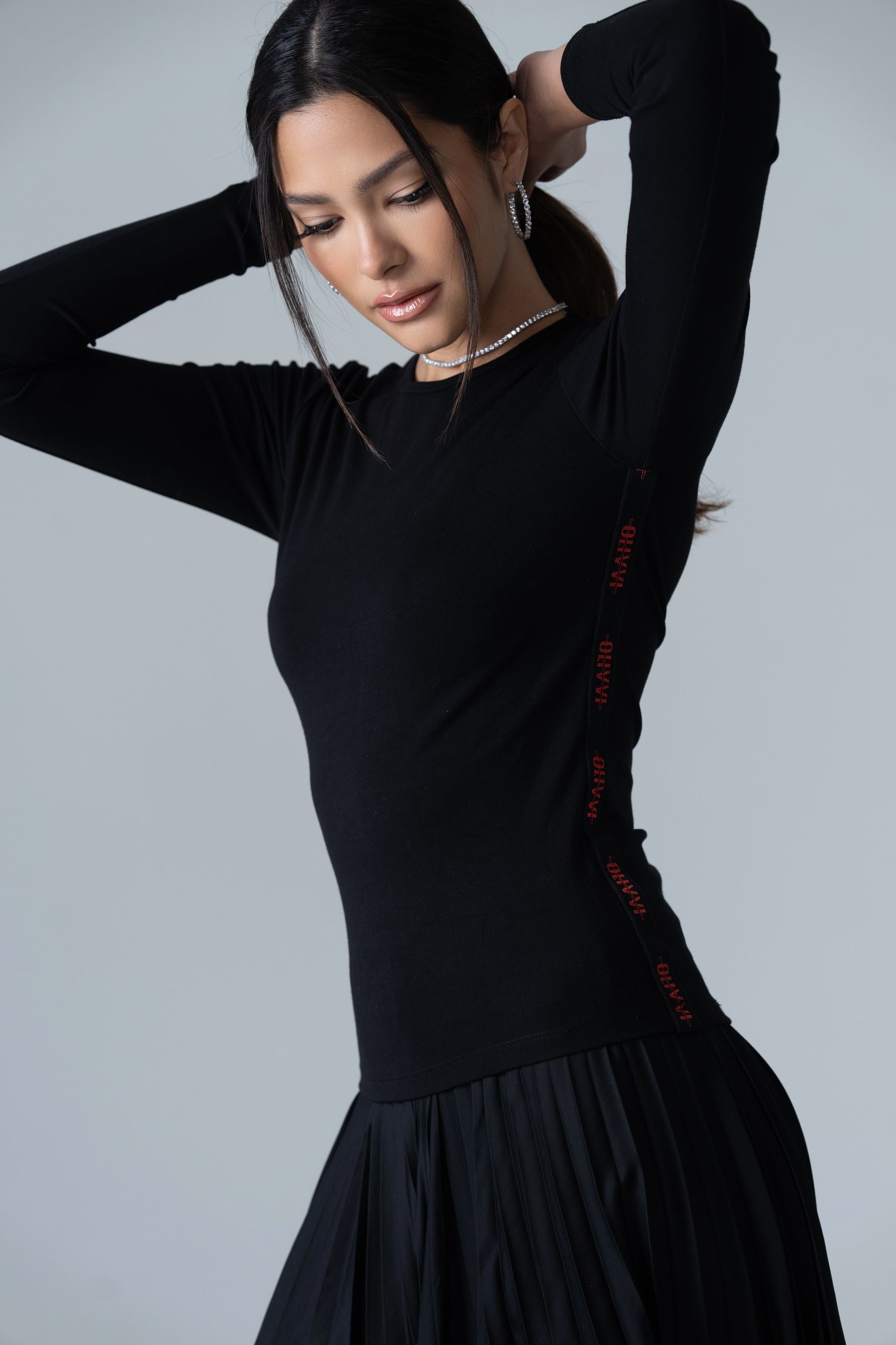 Fitted Long Crewneck Top - Black with Black and Red Trim - Olivvi World